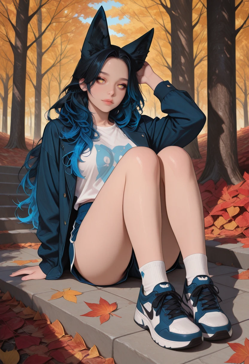very awa, masterpiece, best quality, absurdres, newest, perfect quality, detailed background, intricate details
<lora:ILOCWlfGrlBBl:1>
OCWlfGrlBBl, 1girl, long hair, black hair, blue hair, gradient hair, animal ears, yellow eyes, fox girl, sitting, shorts, leaf, looking at viewer, shirt, shoes, autumn leaves, jacket