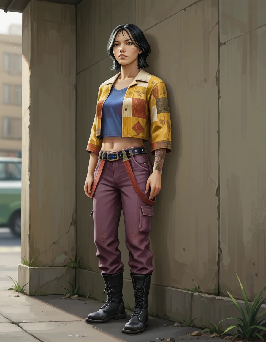 1girl, solo, boots, pants, navel, belt, black hair, midriff, jacket, shirt, tattoo, realistic, yellow jacket, short hair, black footwear, vee boonyasak <lora:Vee_Boonyasak_Dead_by_DaylightIIIustrious:0.8>