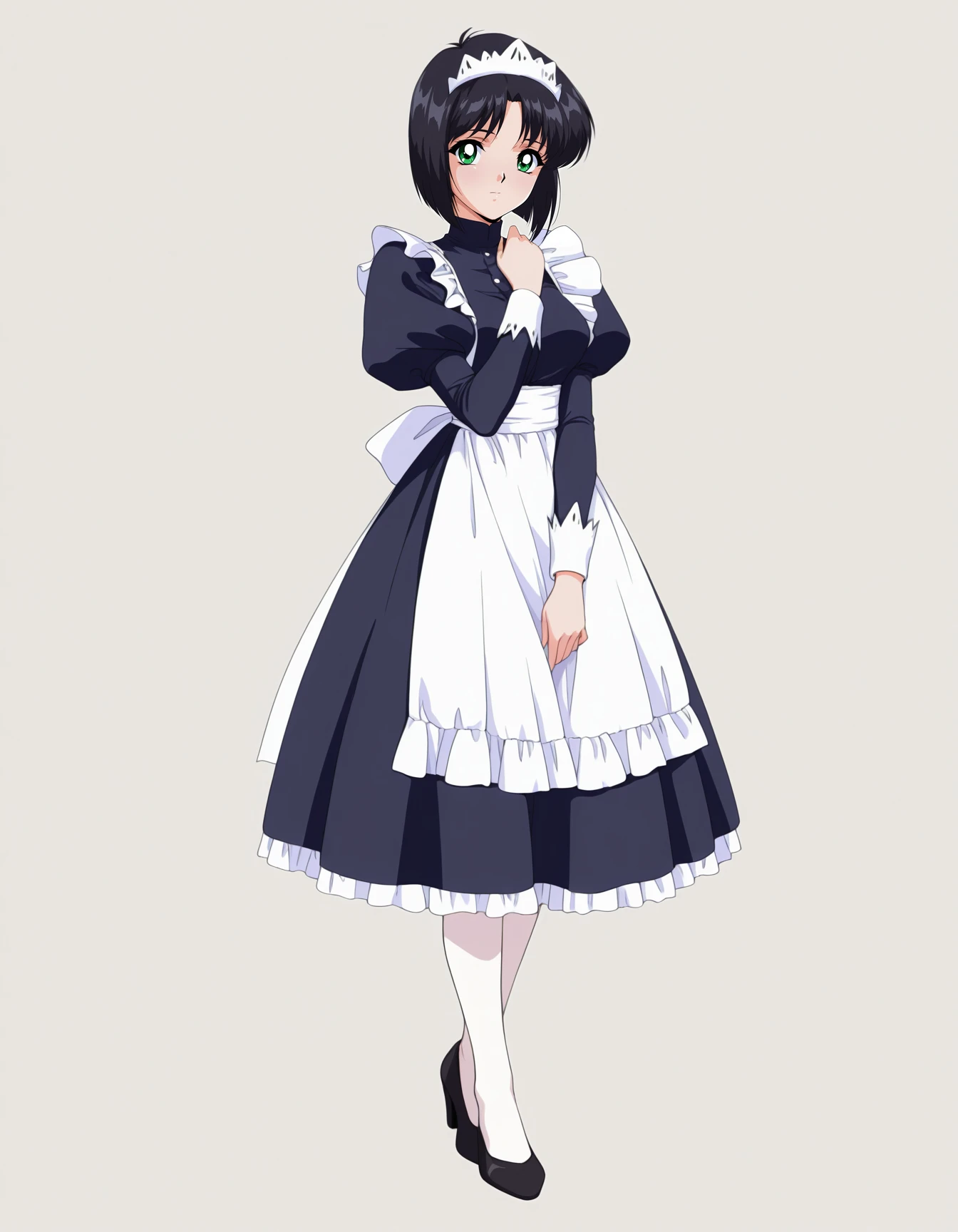 1girl,full body,standing,looking at viewer,hand to hand,simple background,grey background,
masterpiece,best quality,amazing quality,very aesthetic,high resolution,ultra detailed,perfect details,<lora:mai_nppm:1>,
mai_npmainann,short_hair,black_hair,green_eyes,maid,maid_headdress,blue_dress,apron,white_pantyhose,retro artstyle,1990s_\(style\),