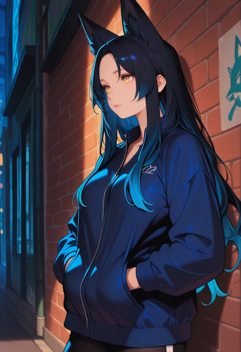 very awa, masterpiece, best quality, absurdres, newest, perfect quality, detailed background, intricate details
<lora:ILOCWlfGrlBBl:1>
OCWlfGrlBBl, 1girl, long hair, black hair, blue hair, gradient hair, animal ears, yellow eyes, fox girl, leaning against a brick wall, hands in jacket pockets, urban alleyway with graffiti art, moody lighting with shadows, edgy and modern vibe