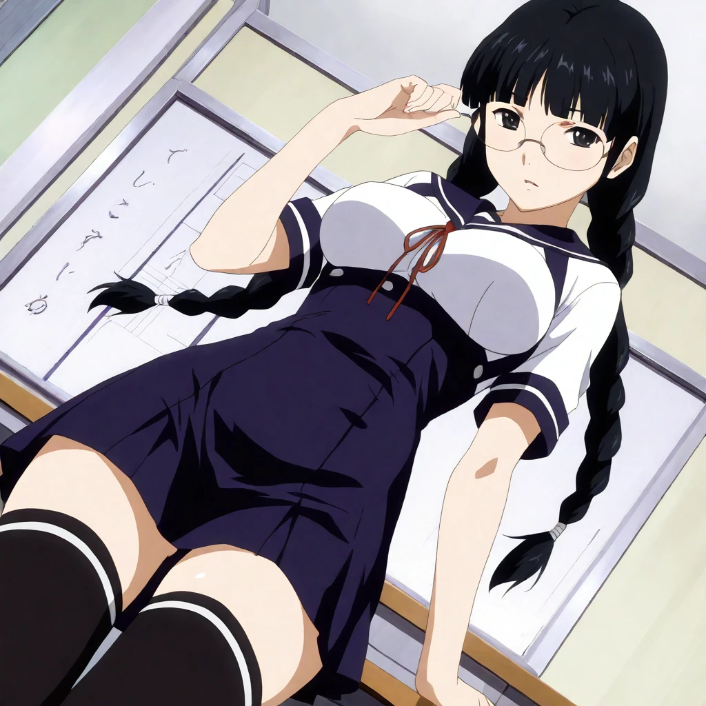 masterpiece,high score,great score,absurdres,looking at viewer,solo,<lora:NaoKurata hassakuill30:1> 1girl, black hair, twin braids, black eyes, glasses,serafuku,underbust,thighhighs,