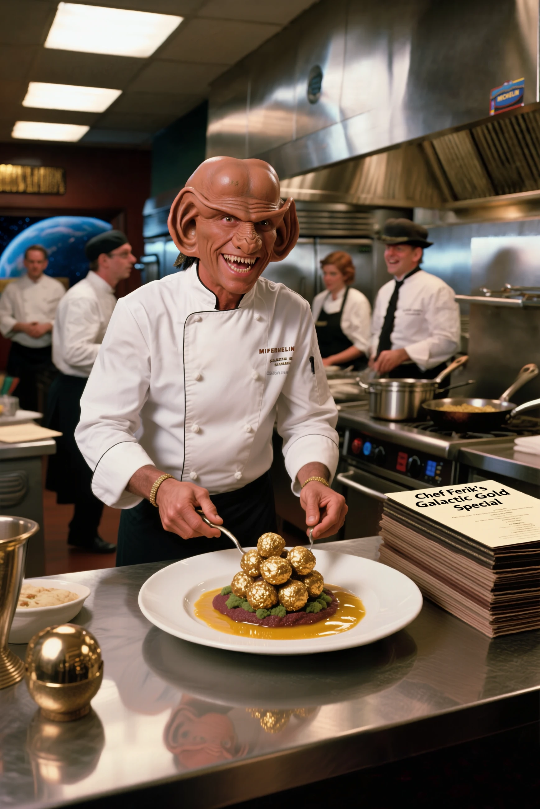A Ferengi in a crisp, chefâs uniform stands proudly in the kitchen of a Michelin-starred restaurant, his large ears wiggling with excitement as he prepares to plate his latest creation. The kitchen is abuzz with activity as sous-chefs and waitstaff rush around him, but the Ferengi remains focused on his masterpieceâan extravagant fusion dish of Earth and Ferengi cuisine, featuring gold-dusted truffles and latinum-infused sauce. Behind him, shiny stainless-steel appliances gleam under the bright kitchen lights, and the sound of sizzling pans and chopping knives fills the air. The Ferengi carefully arranges the dish with an artistâs precision, grinning widely as he imagines the absurd prices he can charge for such "exclusive interstellar flavors." On a nearby counter, a stack of restaurant menus lists his dish at a jaw-dropping price, with "Chef Ferik's Galactic Gold Special" in bold, gleaming letters. Waitstaff peek nervously over his shoulder, wondering if humans will even attempt to eat it, but the Ferengi just chuckles to himselfâprofit is profit. As he steps back to admire his work, his eyes gleam with the anticipation of the nightâs earnings, already planning to franchise his "fine dining experience" across the galaxy.