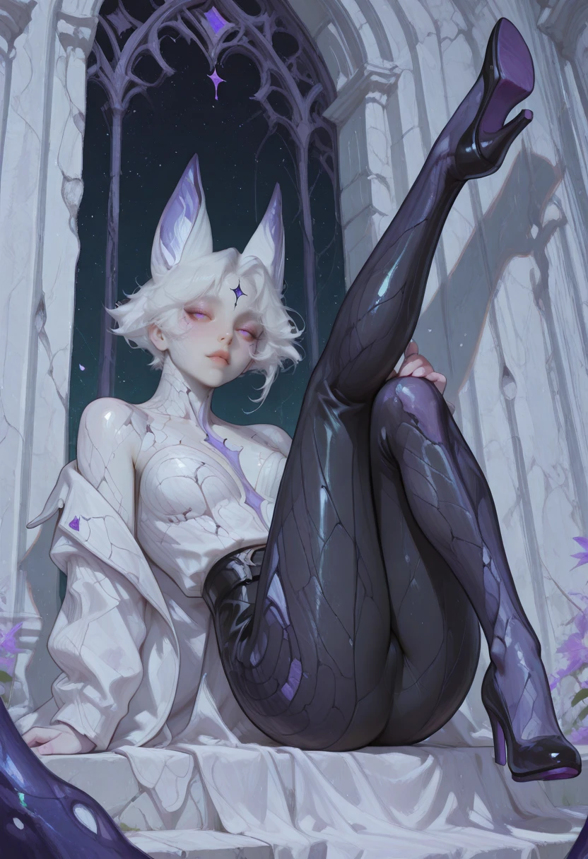 very awa, masterpiece, best quality, absurdres, newest, perfect quality, detailed background, intricate details
<lora:ILOCAlCt:1>
OCAlCt, 1girl, short hair, white hair, colored skin, animal ears, alien, purple eyes, facial mark, wearing a white jacket over an off-the-shoulder outfit, black leather pants and high heels, dynamic pose