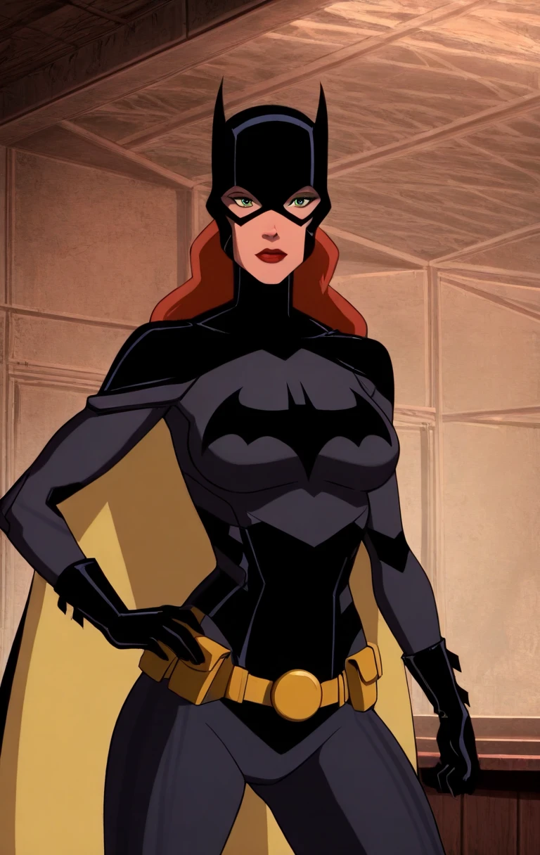 "0" :"amazing quality,very aesthetic,absurdres,best quality, 1girl, solo, 1girl, solo, long hair, looking at viewer, gloves, green eyes, red hair, indoors, black gloves, mask, lips, batgirl, bat symbol, red lips,b4g1rly0,((shinny skin,cowboy shot))",