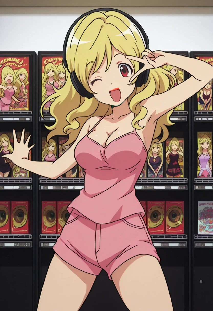 masterpiece, best quality, amazing quality,, <lora:yasuko-takasu-s1-illustriousxl-lora-nochekaiser:1>, yasuko takasu, long hair, blonde hair, red eyes, mature female, medium breasts, anime screencap, camisole, collarbone, bare shoulders, bare arms, shorts, cleavage, makeup, lipstick,, <lora:curemelody-pose-illustriousxl-lora-nochekaiser:1>, curemelody pose, solo, smile, open mouth, one eye closed, v, ;d, v over eye, hands up, cowboy shot, music store, browsing records, headphones, vinyl collection, nostalgic, cowboy shot, solo, looking at viewer,