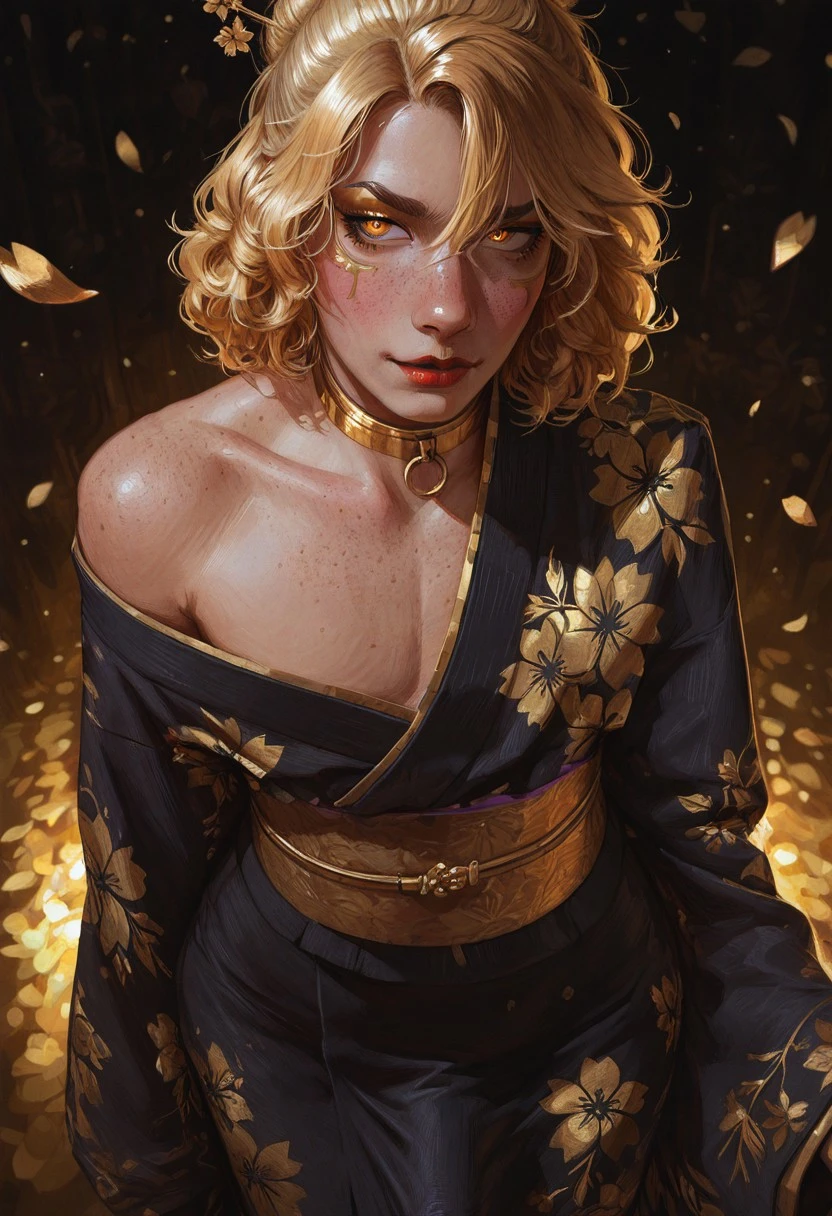 detailed, realistic volumetric lighting, detailed background, high quality, perfect resolution, absurdres, high quality,
masterpiece, best quality, amazing quality, very aesthetic, absurdres, newest, pixelsketcher, perfect proportions, dynamic pose, foreshortening, extreme perspective,
BREAK,
1boy, male focus, thin lips, slightly sharp jawline, defined nose bridge, straight eyebrow, freckles, androgynous male face, male body, femboy, yaoi, Trap, TR4P, beauty,penis inside clothes, bulge, mature, adult, shy, meek, blush, Golden eyes, perfect eyes, short curly hair, yellow hair, naughty, hair between eyes, red lips, piercing, solo
BREAK,
BREAK, big hips, wide gold collar, (golden eyelashes),(golden lines facial makeup), deity, goddess, (kimono, floral print, hairpin, shoulder slip, shoulder blade), cherry blossom, petals, black and gold color palette, simple palette, abstract, ethereal,