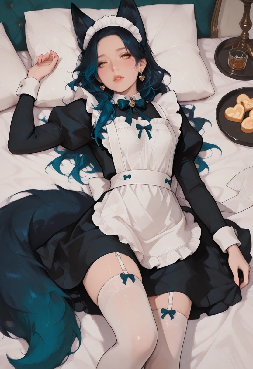 very awa, masterpiece, best quality, absurdres, newest, perfect quality, detailed background, intricate details
<lora:ILOCWlfGrlBBl:1>
OCWlfGrlBBl, 1girl, long hair, black hair, blue hair, gradient hair, animal ears, yellow eyes, fox girl, maid headdress, maid apron, white thighhighs, bow, jewelry, lying, brown eyes, looking at viewer, frills, long sleeves, on back, black dress, holding, heart earrings, white apron, puffy sleeves, blush, parted lips, tray, frilled apron, juliet sleeves
