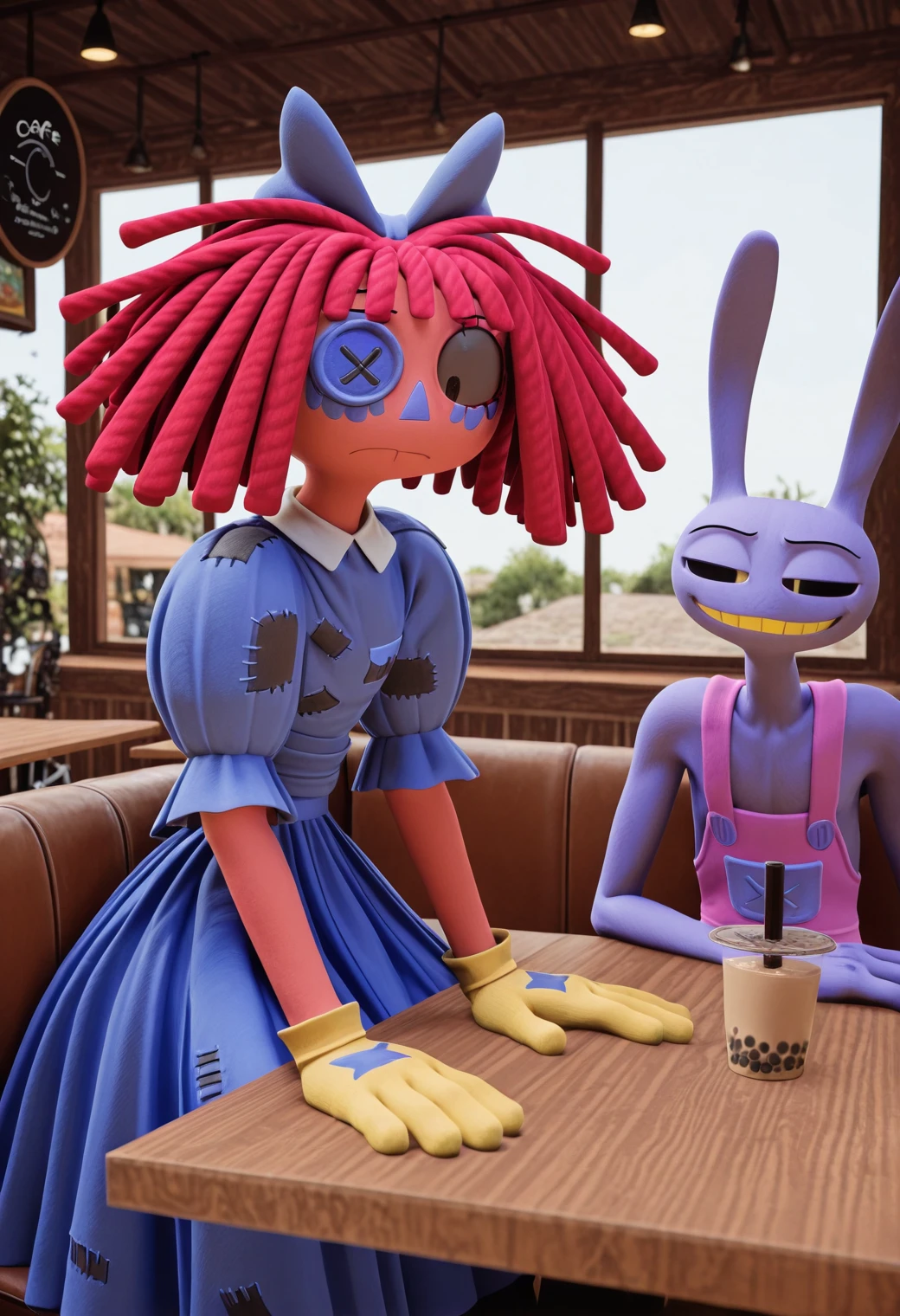 <lora:the_amazing_digital_circus-il> tadc_jax, tadc_ragatha, duo, 1boy 1girl, cafe, sitting at table, side view, awkward atmosphere, jax looking down, ragatha looking up, bubble tea on table, sunny day, bright light, simple 3d background, purple fur, pink overalls, yellow gloves, black eyes, red hair, black eyes, button eye, hair bow, blue dress, patches sewn on, puffy short sleeves, white collared under-dress