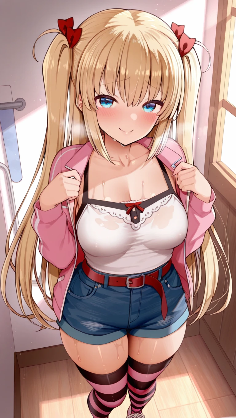 (masterpiece),best quality,amazing quality,very aesthetic,absurdres,newest,perfect body,shiny skin,perfect eyes,detail1eye,well-defined fingers,well-defined fingernails,anime style,indoors,1girl,solo,upper body,(portrait:1.5),looking at viewer,facing viewer,smile,blush,Izure style,Airi Akizuki,ahoge,very long hair,blonde hair,high twintails,hair ribbon,red ribbon,bangs,blue eyes,collarbone,pink jacket,white camisole,long sleeves,medium breasts,red belt,denim shorts,shorts rolled up,zettai ryouiki,two-tone thighhighs,pink thighhighs,black thighhighs,striped thighhighs,sneakers,<lora:Airi Akizuki(oc)-Illus:2>,<lora:Izure[style]-Illus:2>,