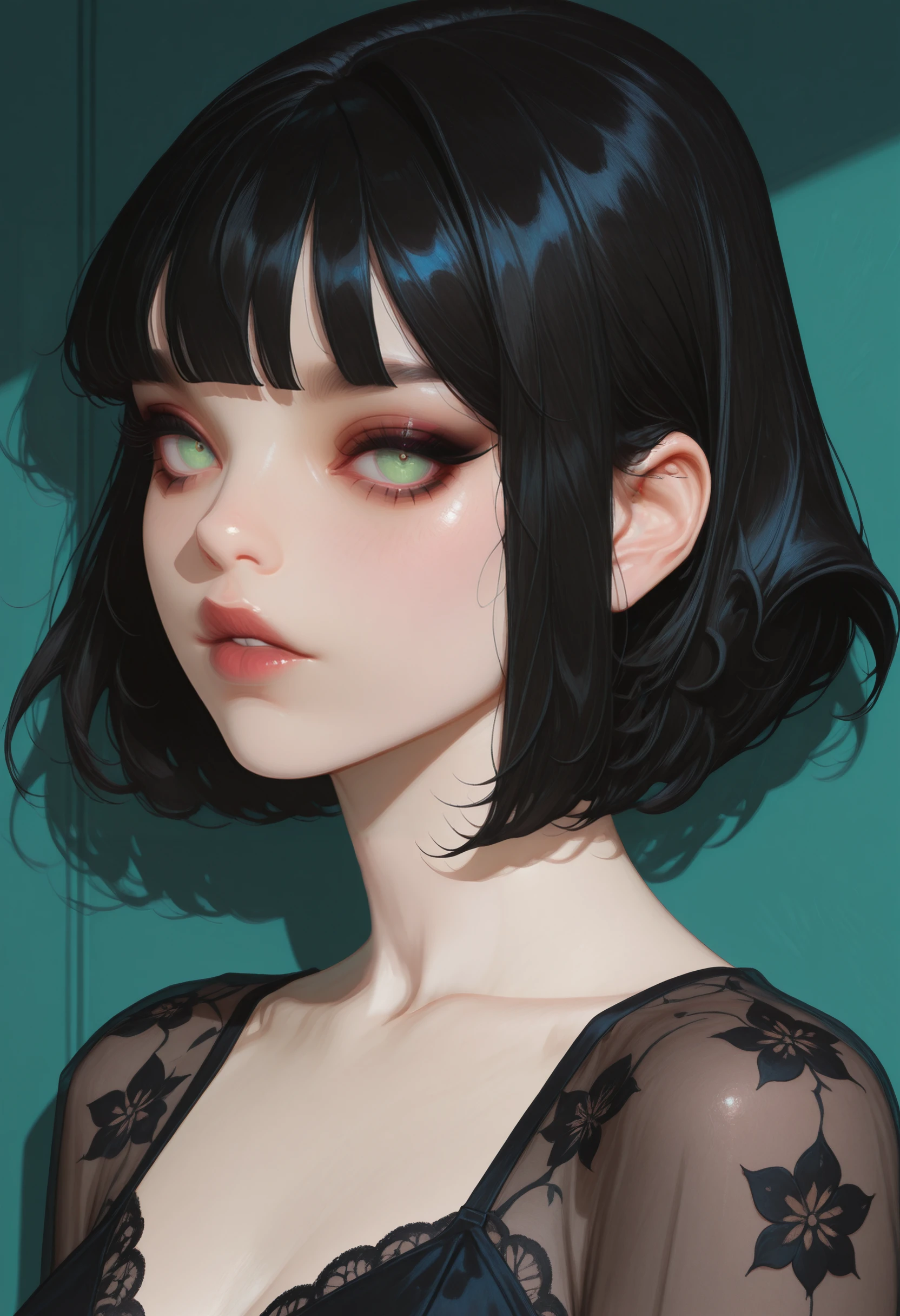very awa, masterpiece, best quality, absurdres, newest, perfect quality, detailed background, intricate details
<lora:ILOCBcGth:1>
OCBcGth, 1girl, short hair, black hair, green eyes, bob cut, blunt bangs, looking at viewer, looking at viewer, portrait