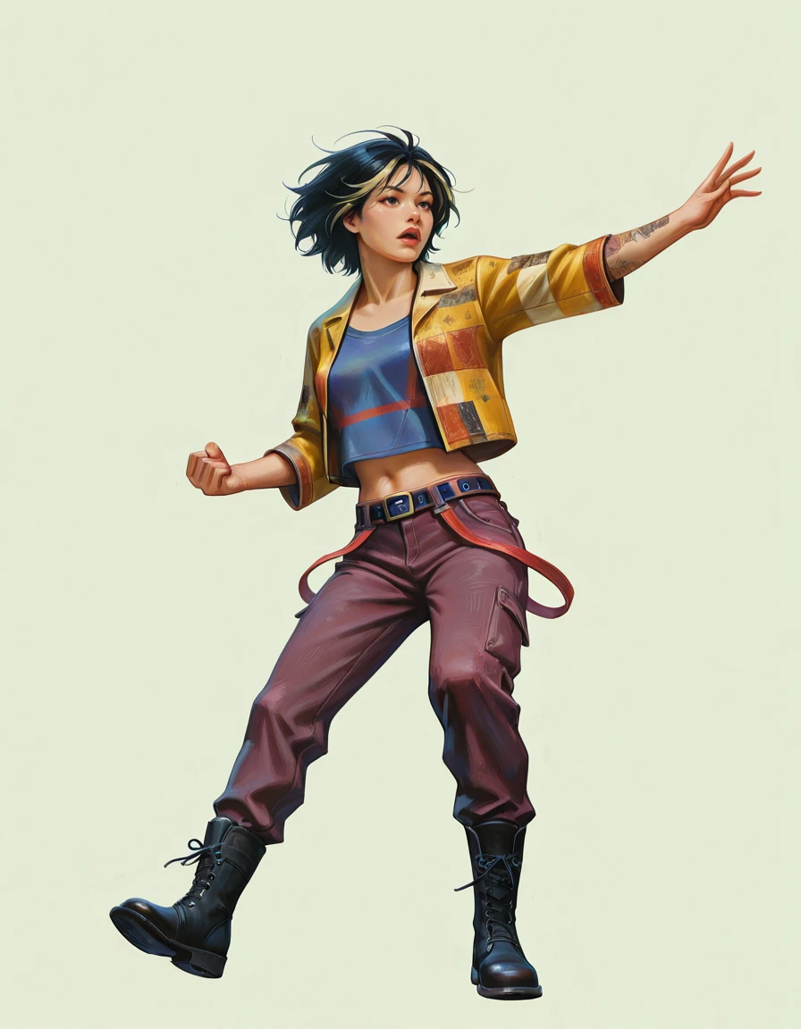 1girl, solo, boots, pants, navel, belt, black hair, midriff, jacket, shirt, arm tattoo, realistic, yellow jacket, short hair, multicolored hair, black footwear, vee boonyasak, dynamic pose <lora:Vee_Boonyasak_Dead_by_DaylightIIIustrious:0.8>, realistic <lora:StyleA:0.8> in the style of Jeda,vibrant colors,