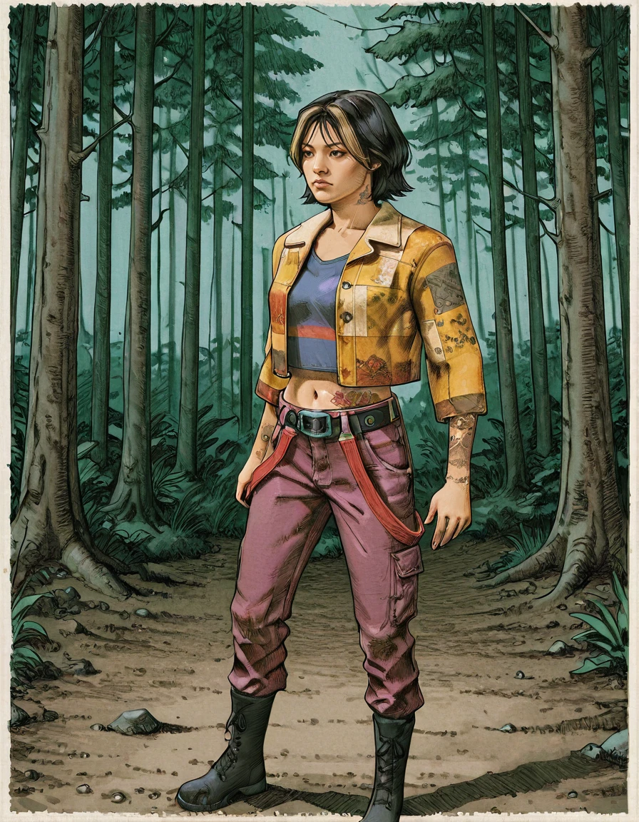 1girl, asian, solo, boots, pants, navel, belt, black hair, midriff, jacket, shirt, arm tattoo, stomach tattoo, realistic, yellow jacket, short hair, multicolored hair, black footwear, vee boonyasak, <lora:Vee_Boonyasak_Dead_by_DaylightIIIustrious:0.8>, realistic, forest upper body <lora:Marvel_vs._Capcom_2_New_Age_of_Heroes_Style:0.8> mvc2 style, hatching (texture)