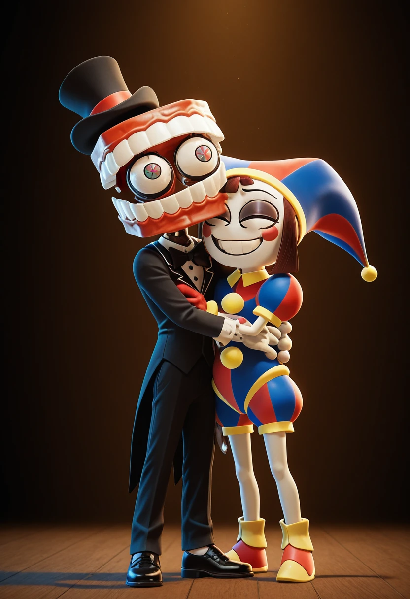 <lora:the_amazing_digital_circus-il>, tadc_pomni, pale white skin, brown hair, hugging, tadc_caine, jaw head, green eyes, blue eyes, small black top hat, white shirt, black bow tie, black pants, black shoes, white gloves, duo, 1boy/1girl, standing, smiling, soft embrace, BREAK, simple background, indoor, warm lighting, subtle shadows, ((closed eyes))