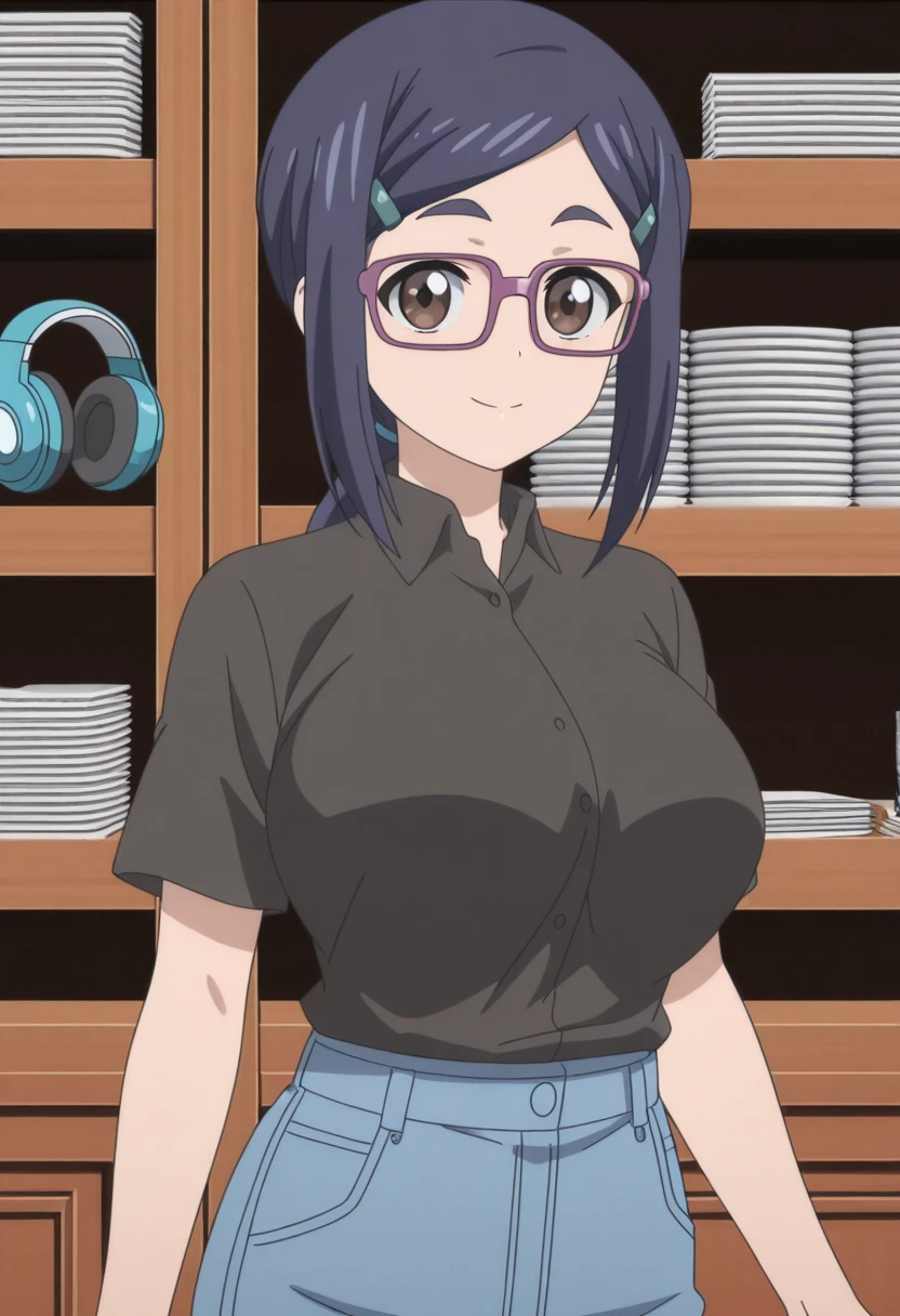 masterpiece, best quality, amazing quality,, <lora:ami-asai-s2-illustriousxl-lora-nochekaiser:1>, ami asai, long hair, hair ornament, brown eyes, blue hair, glasses, hairclip, ponytail, mature female, large breasts, anime screencap, shirt, black shirt, collared shirt, short sleeves, apron, pants, denim,, v,, music store, browsing records, headphones, vinyl collection, nostalgic, cowboy shot, solo, looking at viewer,