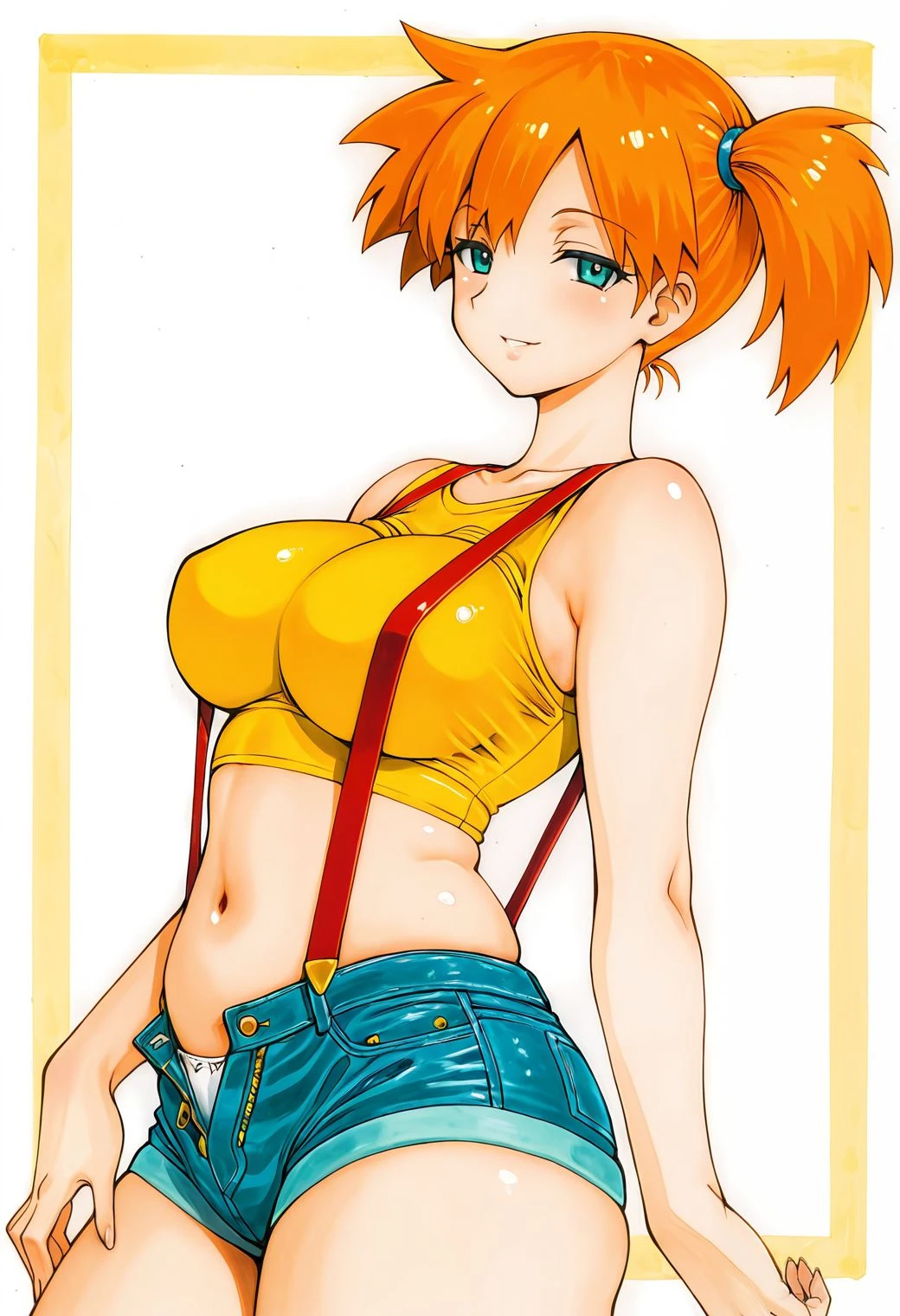 masterpiece, best quality, amazing quality, highres, absurdres, ultra-detailed, b0x, 1girl, solo, misty (pokemon), orange hair, side ponytail, short hair, aqua eyes, , yellow crop top, sleeveless, suspenders, denim microshorts, white panties, unzipped, ,  gaze,  smile, border background, looking at viewer, dynamic angle, traditional media