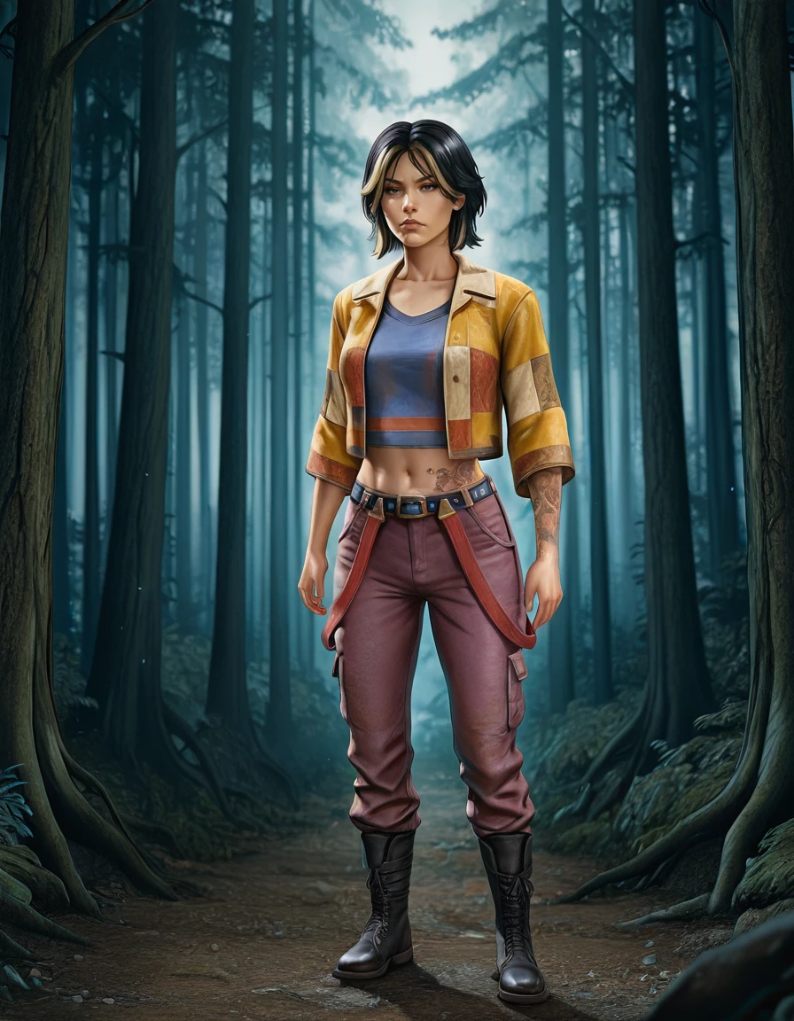 1girl, asian, solo, boots, pants, navel, belt, black hair, midriff, jacket, shirt, arm tattoo, stomach tattoo,  realistic, yellow jacket, short hair, multicolored hair, black footwear, vee boonyasak,  <lora:Vee_Boonyasak_Dead_by_DaylightIIIustrious:0.8>, realistic, forest <lora:Dandonfuga style:0.8> dandonfuga_style,
