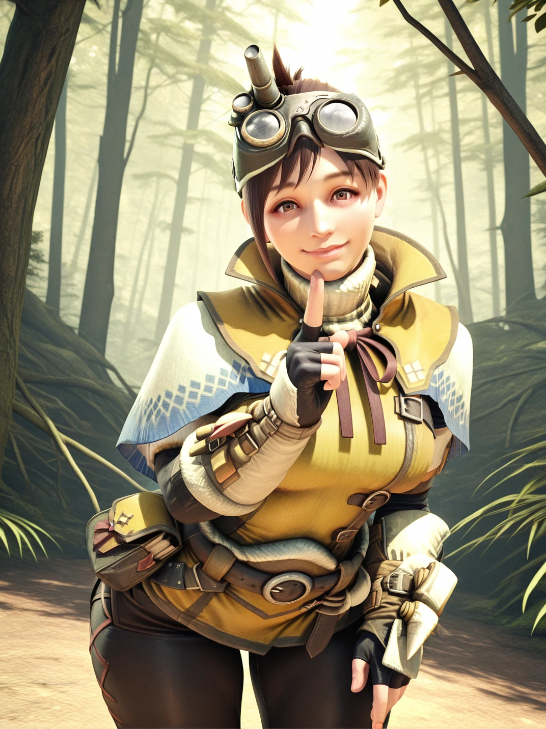 (official style, highres:1.2), realistic, screencap,
1girl, (TheHandlerXL:1), (goggles on head, short hair, brown hair, turtleneck, yellow tunic, capelet, fingerless gloves, brown eyes, arm guards, black pants, belt, belt pouch, :1.2),, narrow waist, wide hips, large breasts, thick thighs,
light smile, dutch angle, naughty pose, (looking at viewer:1.2), solo, dynamic pose, cowboy shot, head tilt, sexually suggestive, outdoors, forest, (on finger on lips:1.2), head tilt,, warm light, one hand on hips, leaning forward,
 <lora:ATheHandler_character:1>