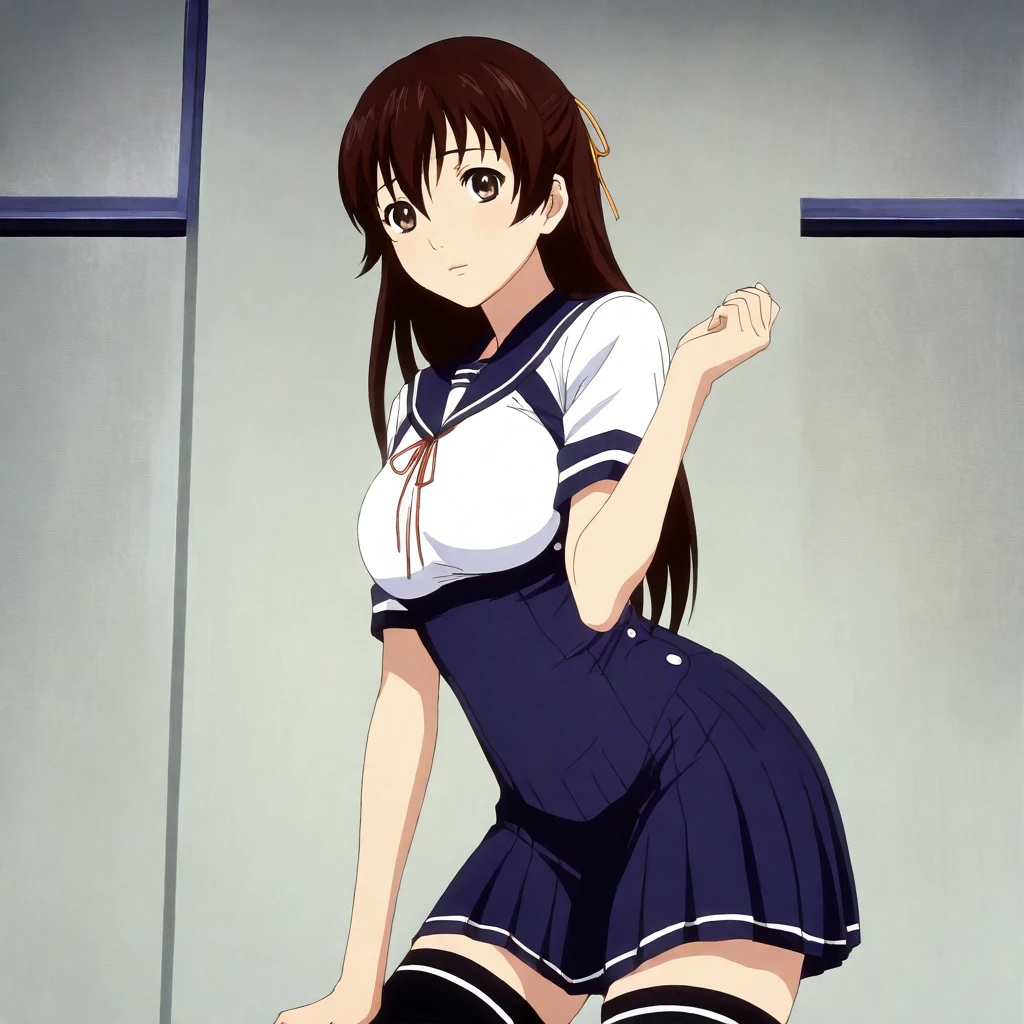 masterpiece,high score,great score,absurdres,looking at viewer,solo,<lora:AmiUehara hassakuill30:1> amiuehara, brown hair, long hair, hair ribbon, brown eyes,serafuku,underbust,thighhighs,