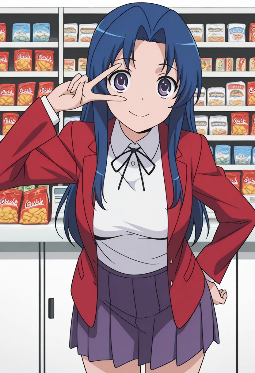 masterpiece, best quality, amazing quality,, <lora:ami-kawashima-s1-illustriousxl-lora-nochekaiser:1>, ami kawashima, long hair, blue hair, purple eyes, parted bangs, mature female, , anime screencap, jacket, red jacket, long sleeves, shirt, white shirt, collared shirt, ribbon, skirt, pleated skirt,, v, v over eyes,, convenience store, snacks, shelves, counter, quick, cowboy shot, solo, looking at viewer, <lora:transparent-background-illustriousxl-lora-nochekaiser:1>, transparent background, simple background, white background