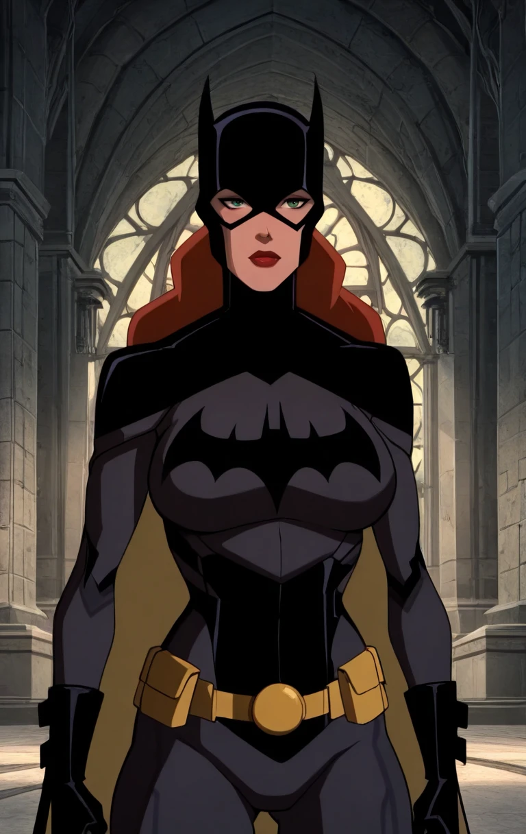 "0" :"amazing quality,very aesthetic,absurdres,best quality, 1girl, solo, 1girl, solo, long hair, looking at viewer, gloves, green eyes, red hair, indoors, black gloves, mask, lips, batgirl, bat symbol, red lips,b4g1rly0,((shinny skin,cowboy shot))",