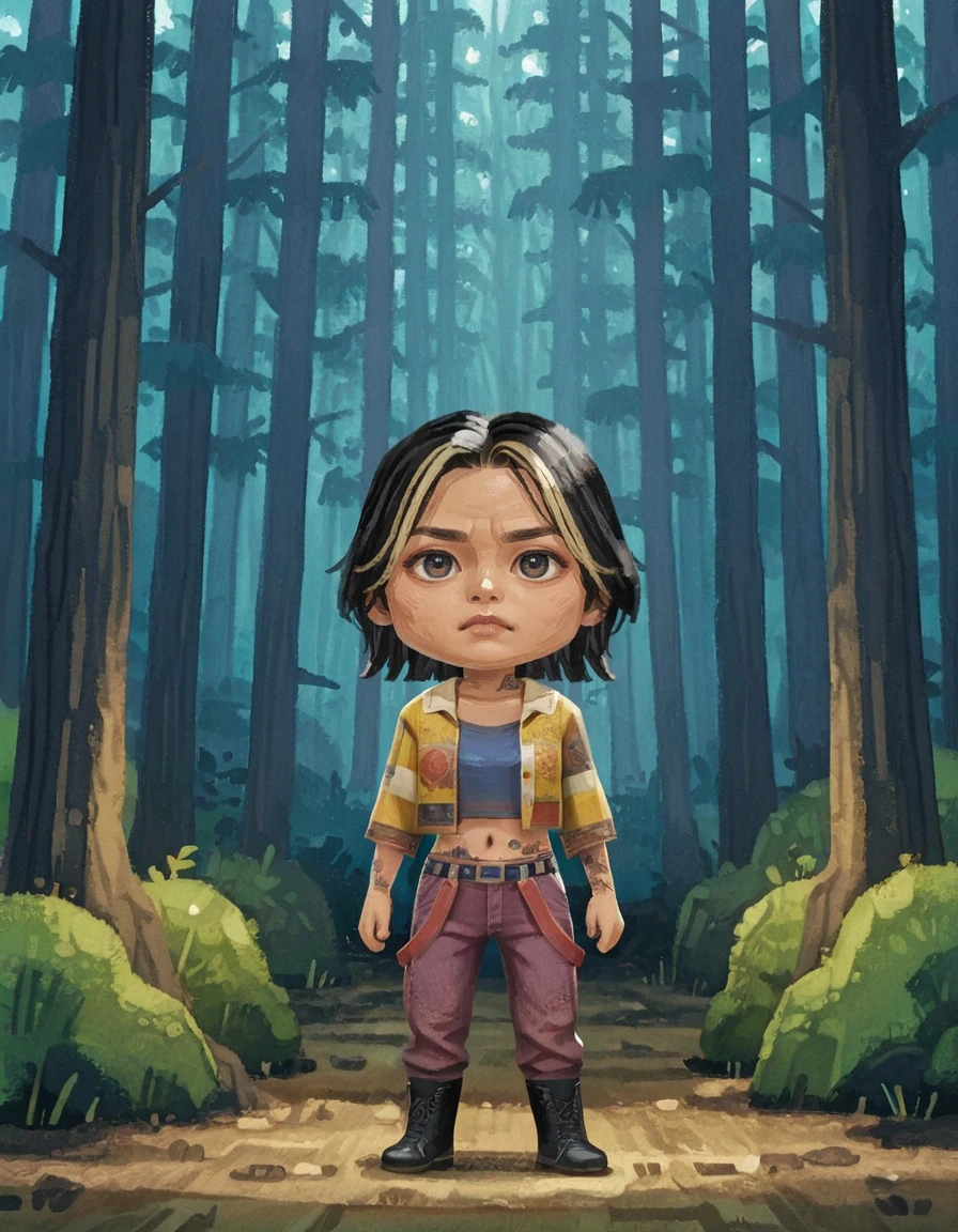 1girl, asian, solo, boots, pants, navel, belt, black hair, midriff, jacket, shirt, arm tattoo, stomach tattoo,  realistic, yellow jacket, short hair, multicolored hair, black footwear, vee boonyasak,  <lora:Vee_Boonyasak_Dead_by_DaylightIIIustrious:0.8>, realistic, forest upper body  <lora:Amelicart_style_Illustrious_Xl:0.8> 0mel1c0rt , chibi only