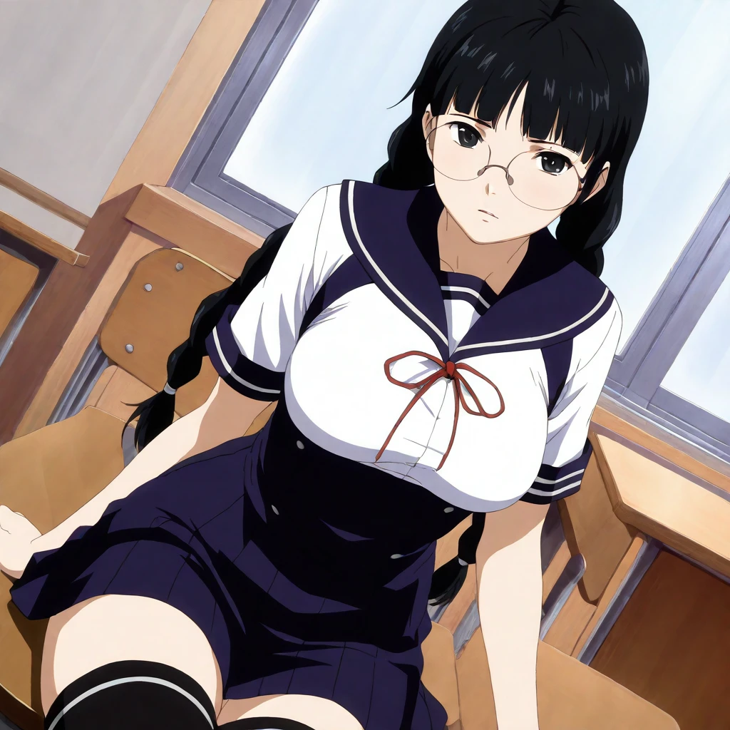 masterpiece,high score,great score,absurdres,looking at viewer,solo,<lora:NaoKurata hassakuill30:1> 1girl, black hair, twin braids, black eyes, glasses,serafuku,underbust,thighhighs,