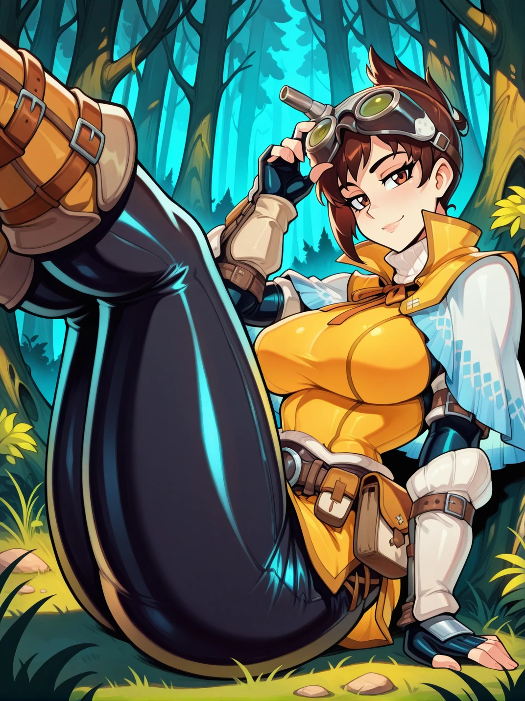 highres, hi res, best quality, masterpiece,
1girl, (TheHandlerXL:1), (goggles on head, short hair, brown hair, turtleneck, yellow tunic, capelet, fingerless gloves, brown eyes, arm guards, black pants, belt, belt pouch, :1.2),, narrow waist, wide hips, large breasts, thick thighs,
light smile, dutch angle, naughty pose, looking at viewer, indoors, on floor, sitting, legs up, solo, dynamic pose, cowboy shot, head tilt, sexually suggestive, vegetation, rocks, grass, outdoors, forest, from side, thighs focus,
<lora:ATheHandler_character:0.75>,,  <lora:ReiqIllustriousXL_byKonan:1> ,,reiq