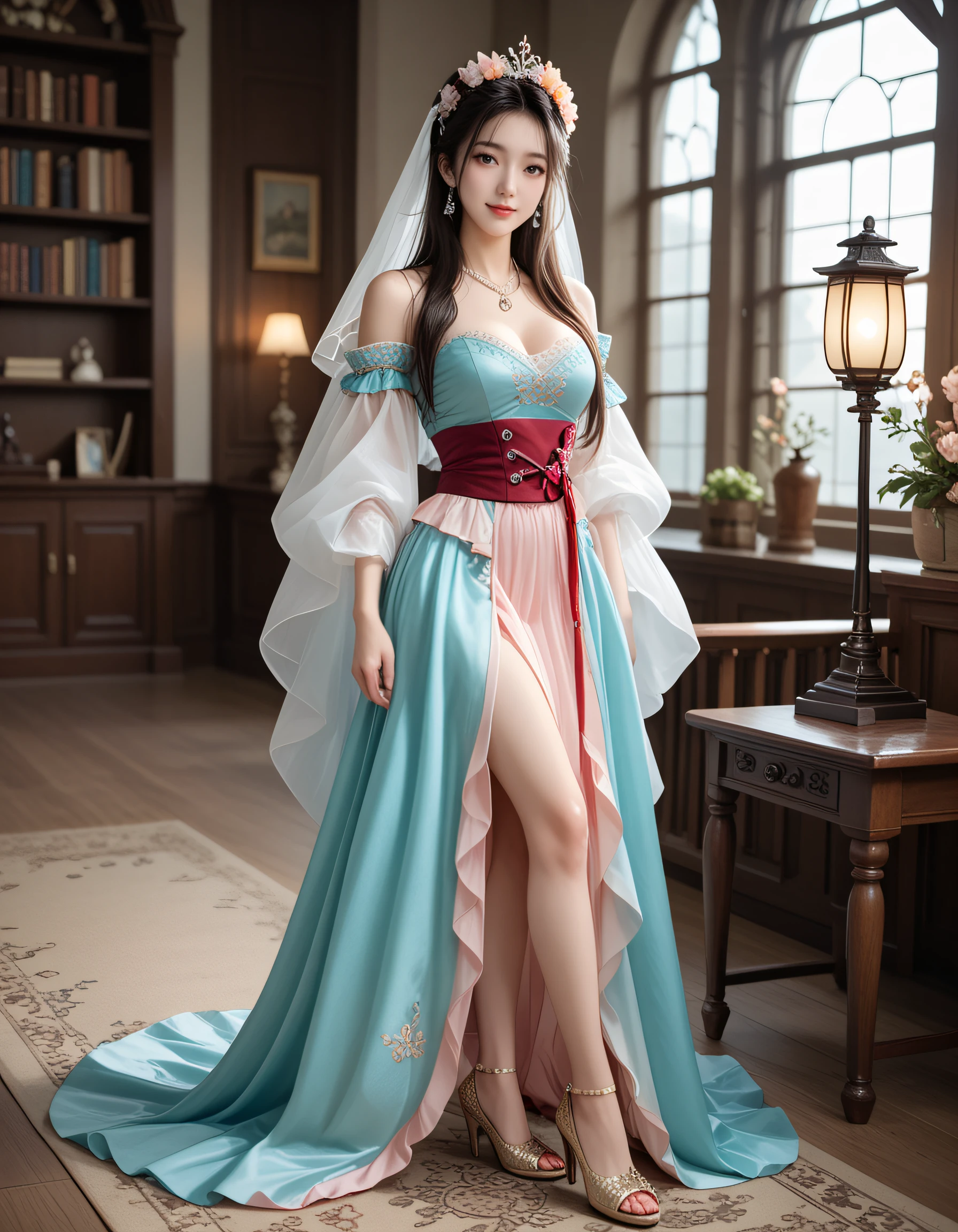 zPDXL3, safe_pos, score_9, score_8_up, source_realistic, source_anime,
8k, best quality, ultra high res, sharp focus,
masterpiece, expressive, digital art, cinematic,
intricate details, extremely detailed, Unreal Engine,
cinematic light, photo studio lighting,
dramatic angle, dynamic camera angle, unique perspective, unique angle, wide angle, dutch angle, foreshortening,
establishing shot, graceful stretching angle,
Diffuse lighting, (sfw:1.3),
Agfa APX 400, Ektar 100, Flash Photography,
larage breasts,
, ExpressiveH,
blurred eyes, innocent, lovely face,
big eyes, beautiful detailed eyes, very detailed eyes, detailed beautiful delicate face,
realistic humid skin, detailed skin,
sexy pose, sensual posture, graceful pose, curvy, scenery, perfect legs,
erotic posture, sexual intent, sensual, alluring, voluptuous,
dynamic pose, more detail,
blurry background,
1girl, , hanfu, seductive smile,
beautiful nasturtium girl with shield-shaped leaves, edible flowers, and peppery taste xianxia maiden, shamrock green dominant color dress, with single cut with simplified facet structure and crimson cool jade green with brocaded details secondary tones, hand-painted silk with artistic brushstrokes surface texture,
wearing elegant wrinkle-resistant qipao with easy care with sequined collar with shimmering surface collar and crimson sheer hanfu blouse with veil over blessed narrow straight sleeves sleeves,
crimson double-layered silk skirt with button hem with decorative fastening and wide brocade waist sash with moonlit details belt, pearl white thighhighs legwear, golden embroidered slippers footwear,
facial features: melancholic gaze with downcast eyes expression, cloud wisp brows with ethereal lightness eyebrows, silver shimmering eyeshadow eye makeup, cloud scarlet phoenix flame mark forehead markings,
hair styling: gemmed loose hair with flower crown and autumn hair berries with harvest abundance hairstyles,
accessories: simple wooden hairpin with layered details hair ornaments, ornate pearl necklace jewelry, embroidered hand fan as accessory with shimmering details and mechanical bird with automated song additional accessories,
pose: standing, side glance over shoulder, one hand at waist, (subtle allure:1.15), full body, (dynamic pose:1.15) and respectful bow with humble demeanor in sacred waterfall with crystal clear water environment with brocaded ancient library with lanterns, painted calligraphy plaques over entry background,
atmosphere: goat climbing rocky slopes seasonal elements, blue hour lighting with twilight mood lighting effects