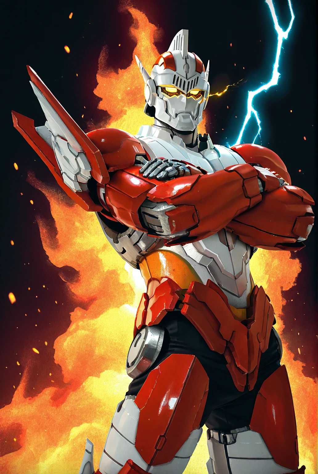 very awe,aesthetically pleasing,masterpiece,best quality,amazing quality,very aesthetic,ultra-detailed,high resolution,8k,1boy,solo,cowboy shot,male focus,detailed face,mecha, robot, science fiction, yellow eyes, super robot, glowing eyes,standing,crossed arms,fire, electricity,<lora:add-detail-xl:1>,<lora:Jean-Bot:0.7>,jeanb0t,