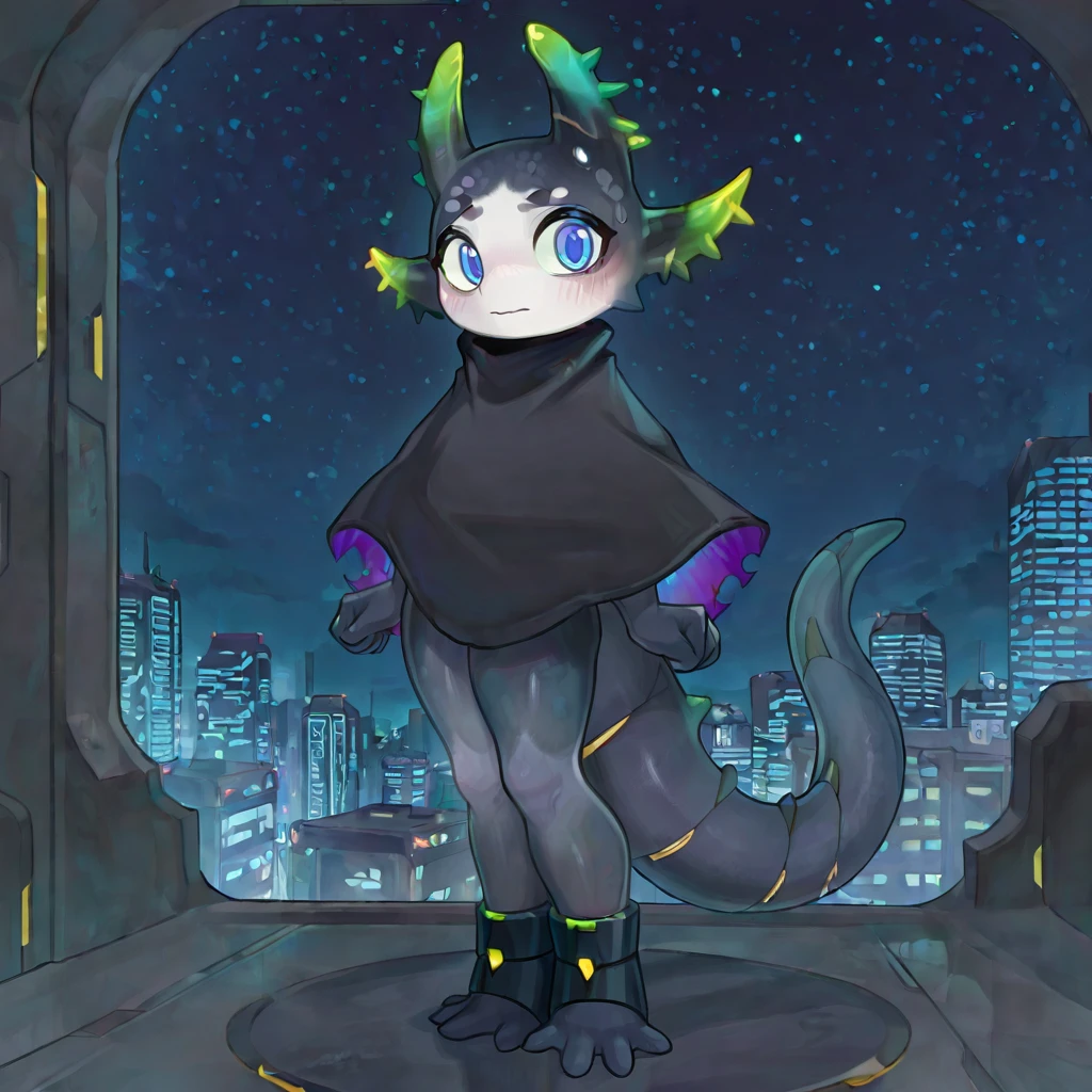 solo,
YuanSL, anthro, female, amphibian, dark grey skin, 4 horns, blue eyes, grey circle eyebrows, shy,
cloak, tail, ankle cuffs, 4 toes, 4 fingers,
(full-length portrait), front view, looking at viewer, pose, standing, futuristic city, night, starry sky,
amazing quality, high quality, very aesthetic, absurdres, newest, masterpiece, best quality, very awa, detailed background, detailed eyes, detailed face, detailed skin,