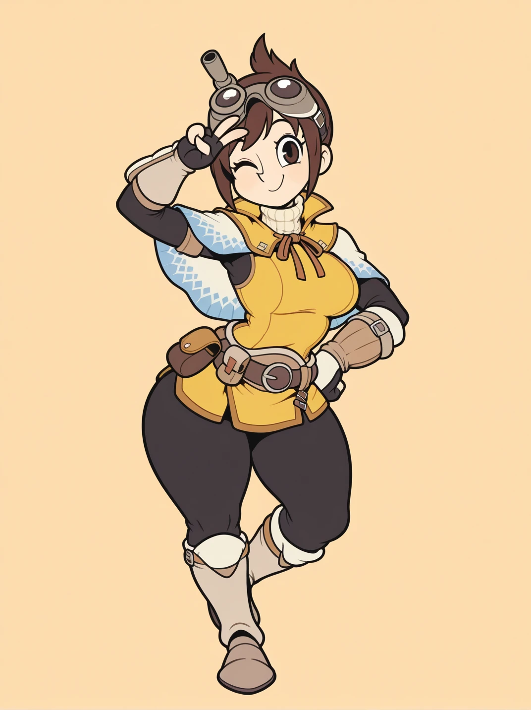 highres, hi res, best quality, masterpiece,
1girl, (TheHandlerXL:1), (goggles on head, short hair, brown hair, turtleneck, yellow tunic, capelet, fingerless gloves, brown eyes, arm guards, black pants, belt, belt pouch, :1.2),, narrow waist, wide hips, large breasts, thick thighs,
looking at viewer, (dynamic pose:1.1), full body, simple background, v, one hand on hips, one eye closed,
<lora:ATheHandler_character:0.75>,, <lora:RetroToonXL_Style-10-IL:1>,, RetroXL, toon \(style\), flat color, black eyes