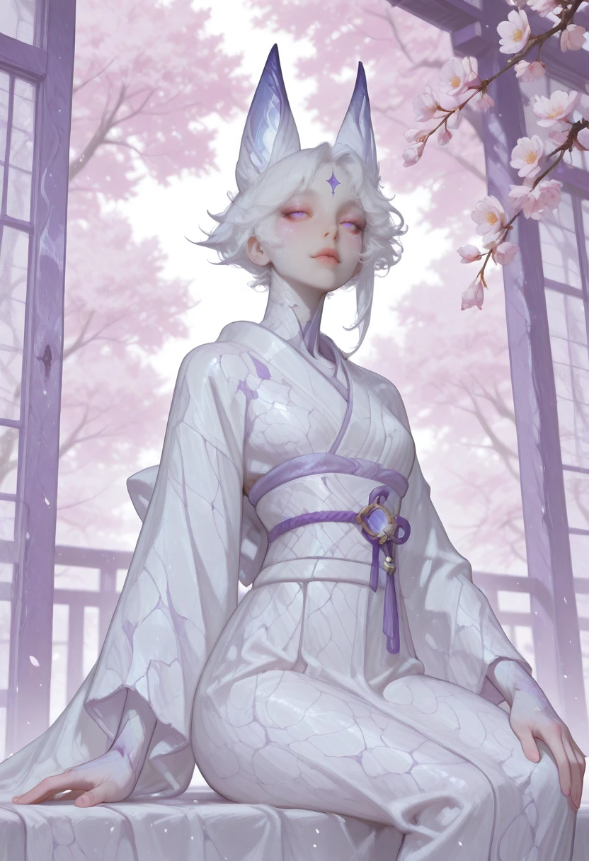 very awa, masterpiece, best quality, absurdres, newest, perfect quality, detailed background, intricate details
<lora:ILOCAlCt:1>
OCAlCt, 1girl, short hair, white hair, colored skin, animal ears, alien, purple eyes, facial mark, silk kimono, cherry blossom garden, delicate elegance, soft pink hues, poetic scenery, timeless beauty, cinematic framing, intricate textures, serene atmosphere, sitting, dynamic pose