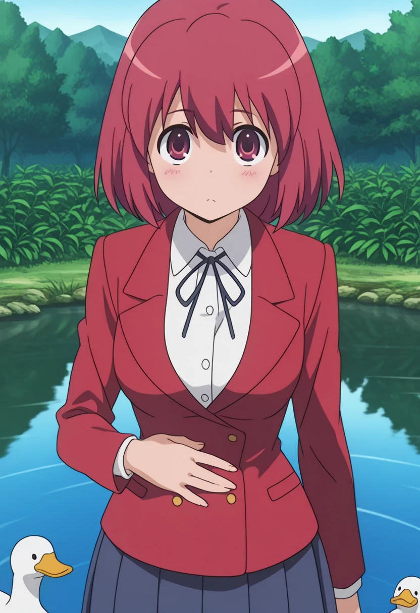 masterpiece, best quality, amazing quality,, <lora:minori-kushieda-s1-illustriousxl-lora-nochekaiser:1>, minori kushieda, short hair, red eyes, red hair, mature female, medium breasts, anime screencap, jacket, red jacket, long sleeves, shirt, white shirt, collared shirt, ribbon, skirt, pleated skirt,, hand on stomach, blush,, pond, still_water, plants, ducks, peaceful, cowboy shot, solo, looking at viewer,