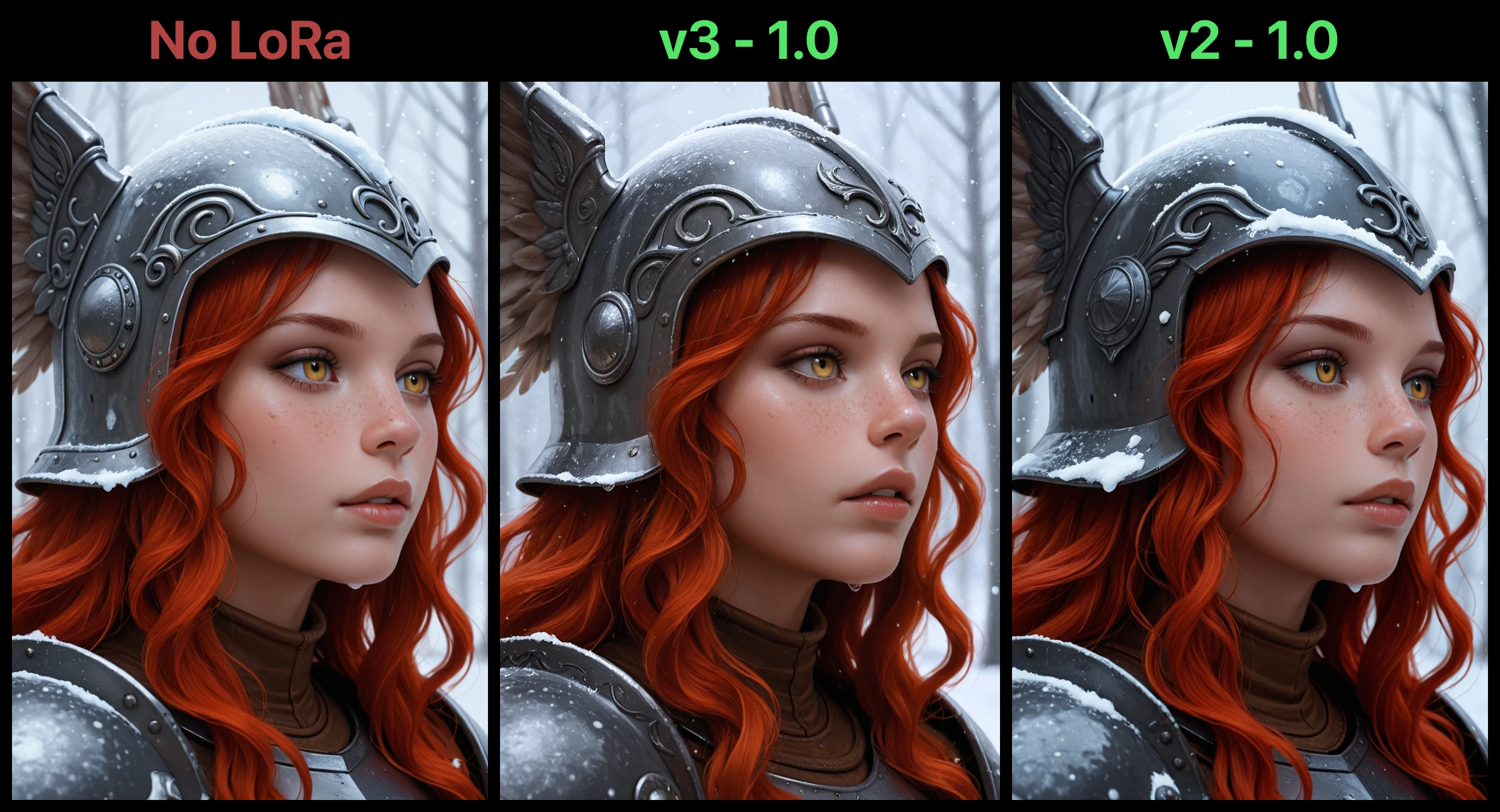 masterpiece, best quality, amazing quality, 1girl, solo, long hair, yellow eyes, red hair, parted lips, armor, eyelashes, lips, makeup, wavy hair, helmet, portrait, shoulder armor, snow, freckles, snowing, nose, realistic, winged helmet