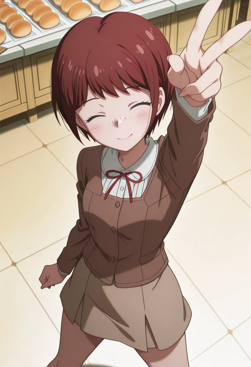 masterpiece, best quality, amazing quality,, <lora:mahiru-koizumi-s2-illustriousxl-lora-nochekaiser:1>, mahiru koizumi, short hair, bangs, green eyes, red hair, freckles, mature female, small breasts, anime screencap, shirt, long sleeves, ribbon, jacket, white shirt, red ribbon, neck ribbon, brown jacket, skirt, brown skirt,, <lora:charizard-pose-illustriousxl-lora-nochekaiser:1>, charizardpose, solo, blush, closed mouth, standing, closed eyes, arm up, foreshortening, v, from above, legs apart, smile, looking to the side,, bakery, bread, pastries, sweets,, cowboy shot, solo, looking at viewer,
