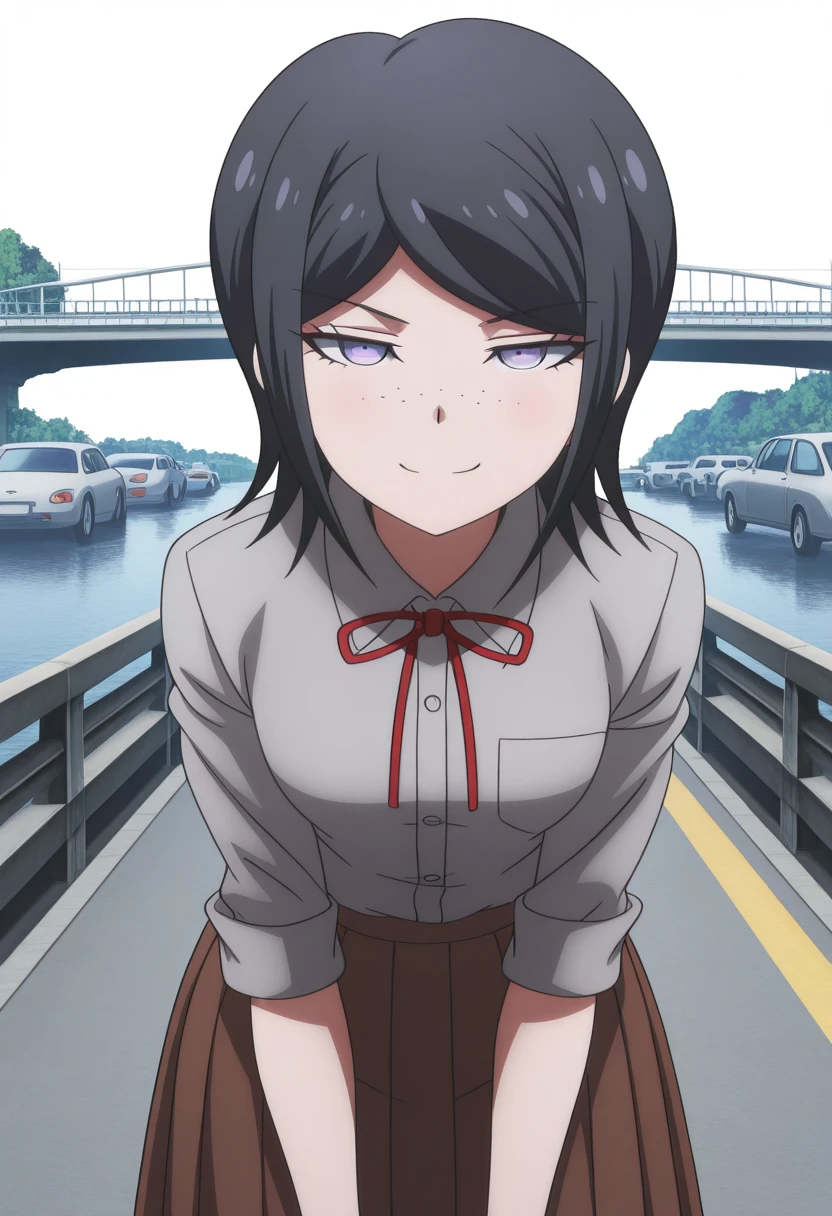masterpiece, best quality, amazing quality,, <lora:mukuro-ikusaba-s2-illustriousxl-lora-nochekaiser:1>, mukuro ikusaba, short hair, bangs, black hair, freckles, purple eyes, mature female, small breasts, anime screencap, skirt, shirt, ribbon, white shirt, pleated skirt, collared shirt, red ribbon, neck ribbon, grey shirt, sleeves rolled up, brown skirt,, bent over, smug,, bridge, connection, water, road, cars, cowboy shot, solo, looking at viewer, <lora:transparent-background-illustriousxl-lora-nochekaiser:1>, transparent background, simple background, white background