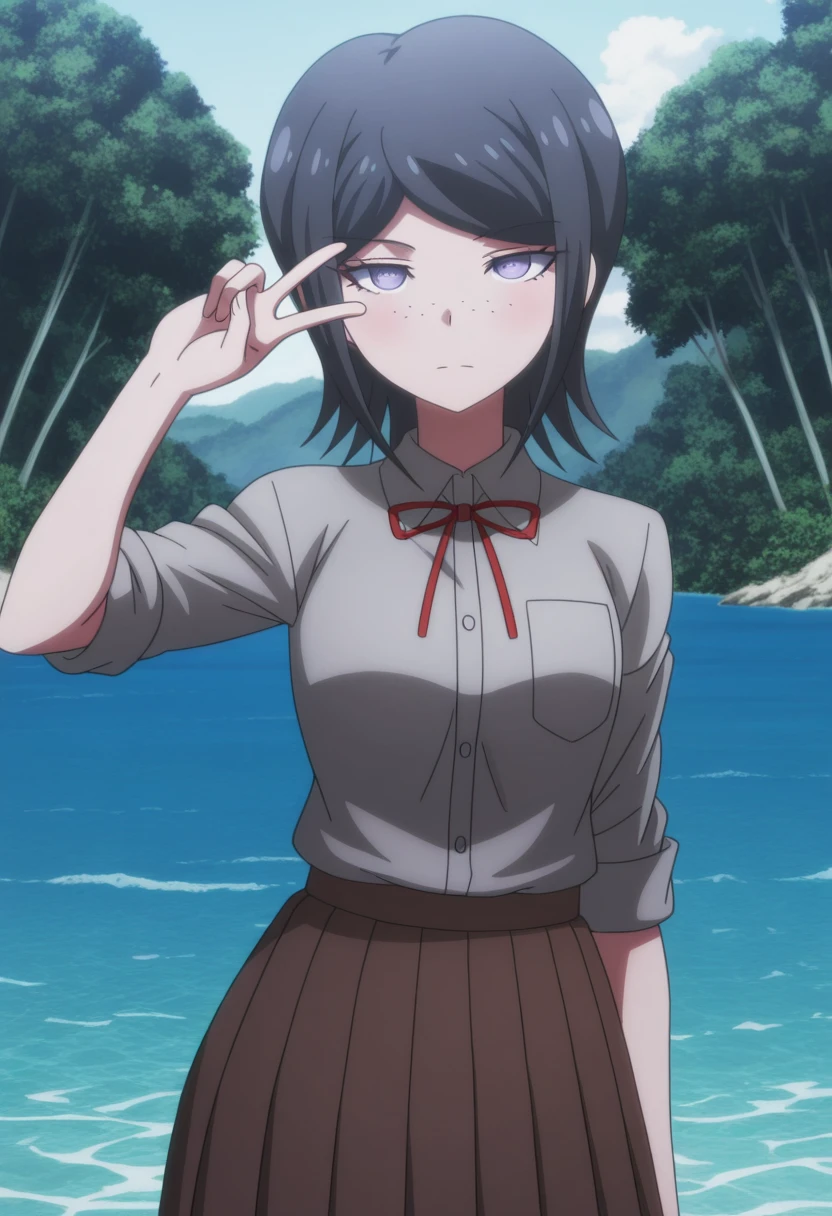 masterpiece, best quality, amazing quality,, <lora:mukuro-ikusaba-s2-illustriousxl-lora-nochekaiser:1>, mukuro ikusaba, short hair, bangs, black hair, freckles, purple eyes, mature female, small breasts, anime screencap, skirt, shirt, ribbon, white shirt, pleated skirt, collared shirt, red ribbon, neck ribbon, grey shirt, sleeves rolled up, brown skirt,, v, v over eyes,, island, water, tropical, trees, isolation, cowboy shot, solo, looking at viewer,