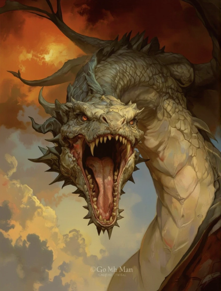 EvGan Style. A dramatic digital illustration shoot from a low angle about a fierce dragon with its mouth open wide, showing its sharp teeth and fangs, set against a dramatic sunset background with orange and yellow hues. the image also shows dramatic clouds in the background. on the middle of the image, a dragon appears to be facing the viewer, with its eyes looking directly at the viewer. the dragon has a fierce expression, its mouth wide open, revealing sharp teeth, fangs and sharp fangs. its scales are a pale grey color, with spikes on its head and tail. its wings are spread wide, allowing it to soar through the sky.