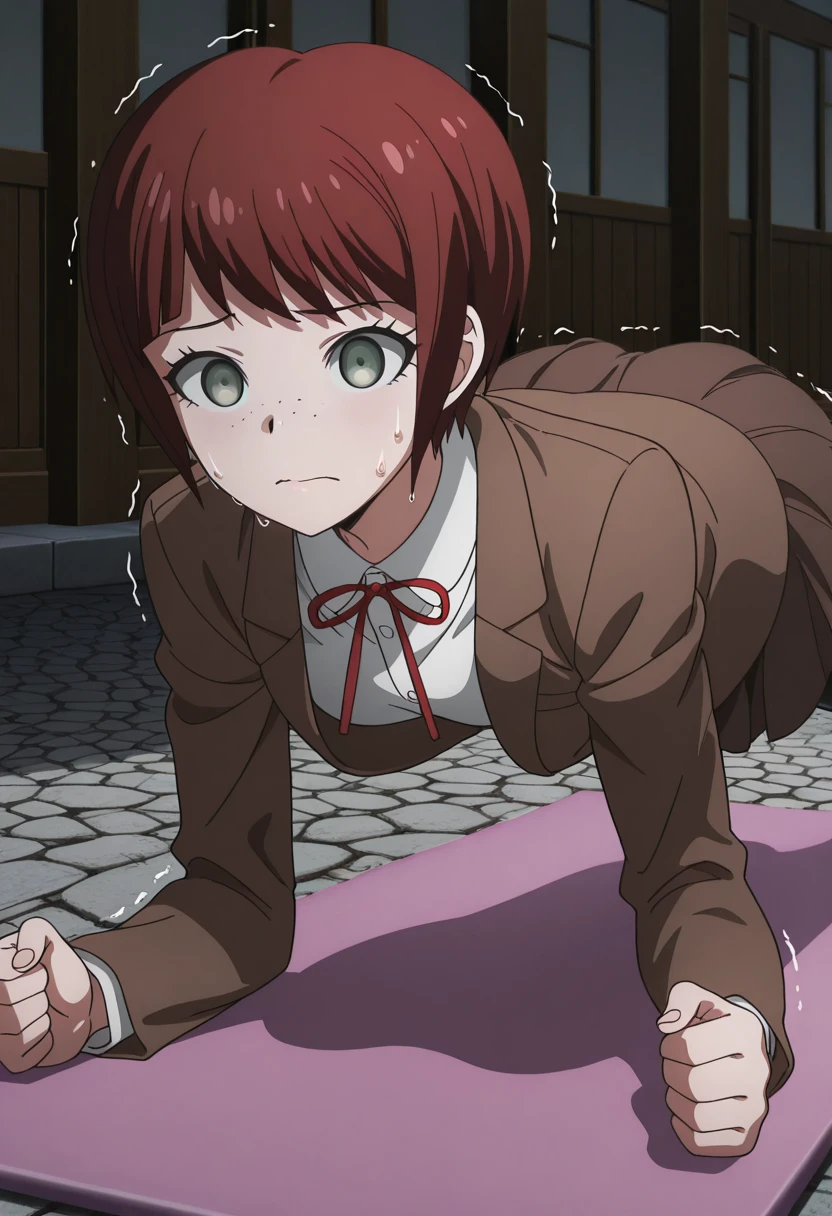 masterpiece, best quality, amazing quality,, <lora:mahiru-koizumi-s2-illustriousxl-lora-nochekaiser:1>, mahiru koizumi, short hair, bangs, green eyes, red hair, freckles, mature female, small breasts, anime screencap, shirt, long sleeves, ribbon, jacket, white shirt, red ribbon, neck ribbon, brown jacket, skirt, brown skirt,, <lora:planking-illustriousxl-lora-nochekaiser:1>, planking, exercising, yoga mat, yoga, yoga pants, trembling, struggling, sweat, sports bra,, stone walkway, historic, path, cobblestone, footpath, cowboy shot, solo, looking at viewer,