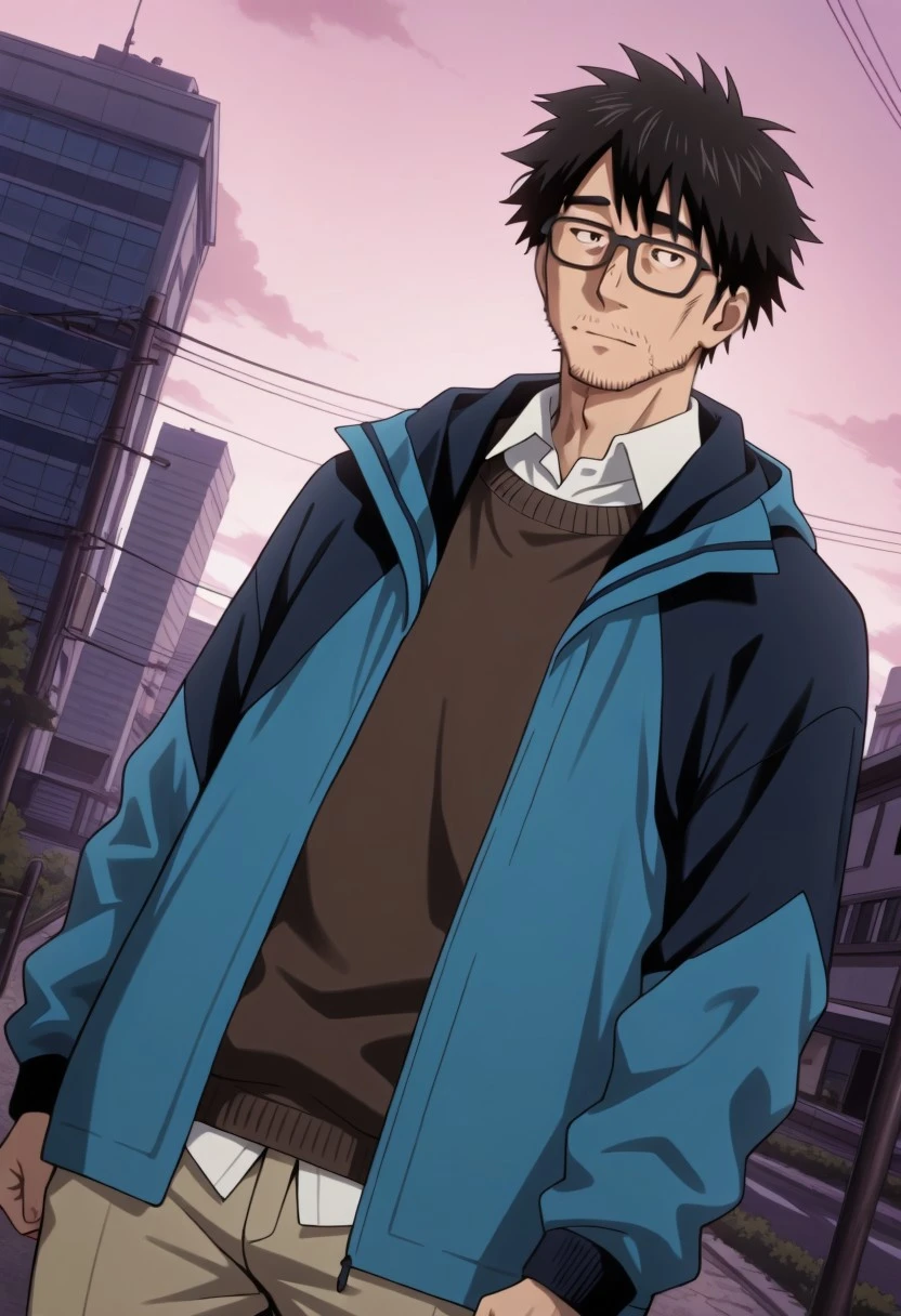 perfect anatomy, perfect proportions, best quality, masterpiece, high_resolution, high quality, best aesthetic, incredibly absurdres, highres, extremely detailed, huge filesize, solo male, adult, mature, masculine, manly, handsome, charming, alluring, standing, upper body, dutch angle, cowboy shot, perfect face, source_anime\(Dead Dead Demon's Dededede Destruction\), anime coloring \(Dead Dead Demon's Dededede Destruction\), Nobuo Koyama\(Dead Dead Demon's Dededede Destruction\), DDDDNobuo, black hair, short hair, facial hair, stubble, glasses, DDDDNobuo_outfit01,DDDDNobuo_post_timeskip, post timeskip, messy hair, messy facial hair, white collared shirt under brown sweater, blue jacket, Windbreaker, open jacket, khaki pants, outdoor,