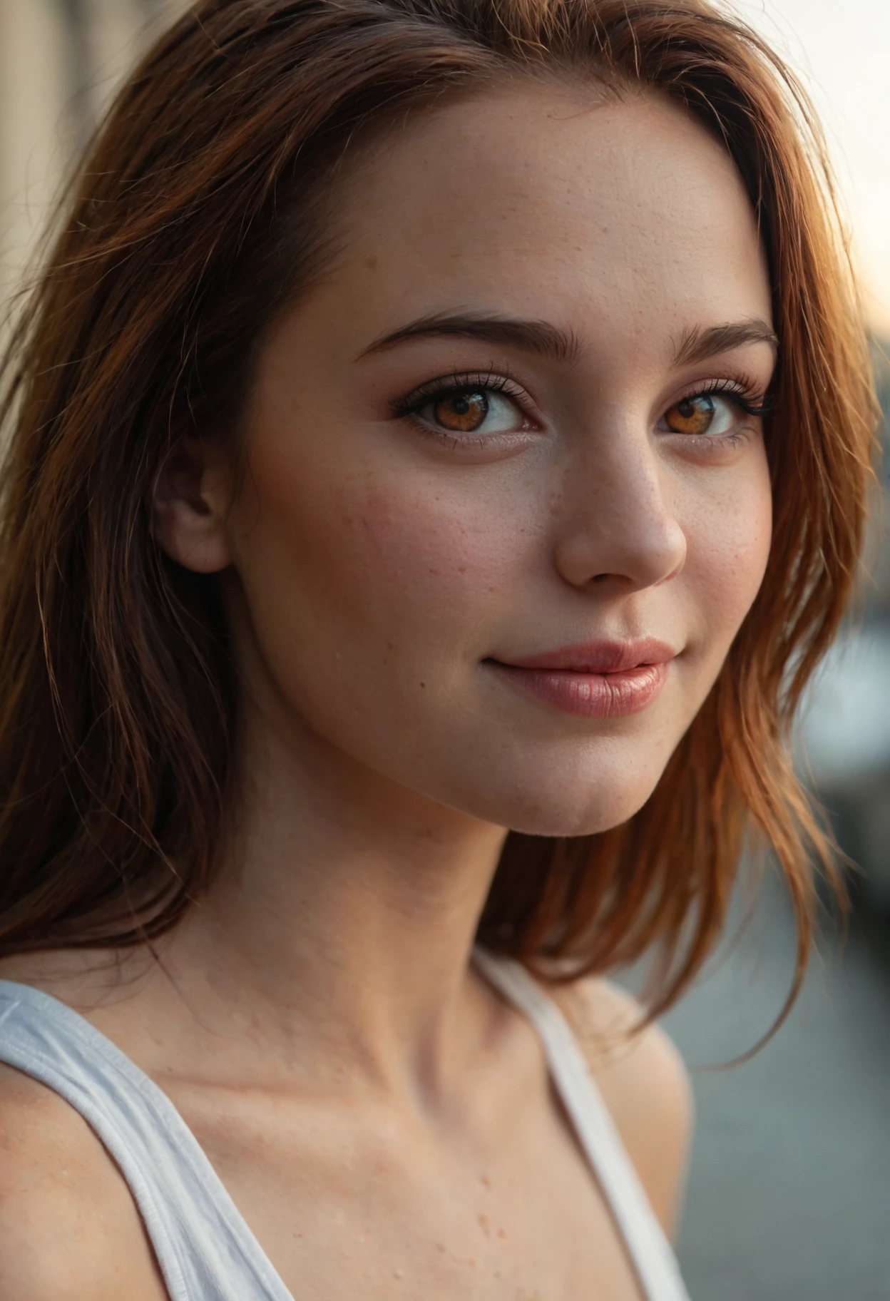 1girl, depth of field, highly detailed, high contrast, film grain, Rim Lighting, 32k, absurdres, sharp, detailed face, highly detailed, detailed hair, designed by Simon Bisley, close up of a hyper detailed, Noble flyweight (seductive girl, beautiful girl, perfect girl, auburn hair, hazel eyes:1.3) , in multicoloured tank top, Bathed in shadows, Fine art, Brocore, F/1.8, perfect eyes, soft smile, confident, dynamic, dynamic background, luxury, beautiful detailed supreme quality color intricate, radiant CyberRealisticPony_POSV1