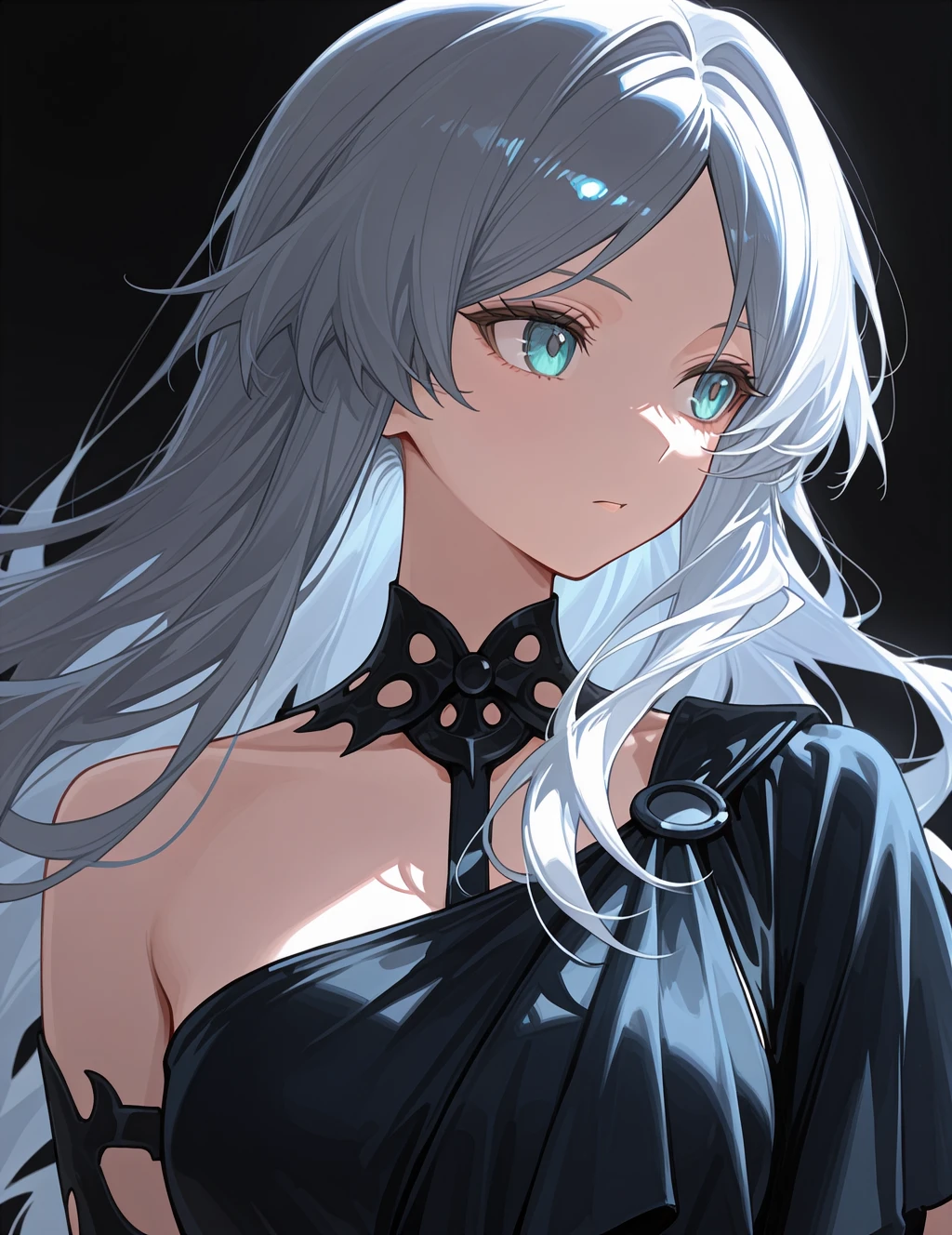 1girl, solo, looking away, parted bangs, uneven dress, upper body,dark background, black background