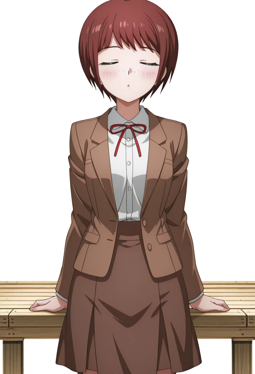 masterpiece, best quality, amazing quality,, <lora:mahiru-koizumi-s2-illustriousxl-lora-nochekaiser:1>, mahiru koizumi, short hair, bangs, green eyes, red hair, freckles, mature female, small breasts, anime screencap, shirt, long sleeves, ribbon, jacket, white shirt, red ribbon, neck ribbon, brown jacket, skirt, brown skirt,, <lora:incoming-kiss-illustriousxl-lora-nochekaiser:1>, incoming kiss, closed eyes, blush, pov, cowboy shot, wooden bridge, planks, rustic, crossing, narrow, cowboy shot, solo, looking at viewer, <lora:transparent-background-illustriousxl-lora-nochekaiser:1>, transparent background, simple background, white background