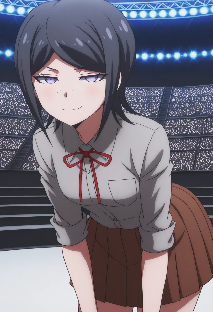 masterpiece, best quality, amazing quality,, <lora:mukuro-ikusaba-s2-illustriousxl-lora-nochekaiser:1>, mukuro ikusaba, short hair, bangs, black hair, freckles, purple eyes, mature female, small breasts, anime screencap, skirt, shirt, ribbon, white shirt, pleated skirt, collared shirt, red ribbon, neck ribbon, grey shirt, sleeves rolled up, brown skirt,, bent over, smug,, arena, seats, stage, event, audience, cowboy shot, solo, looking at viewer, <lora:transparent-background-illustriousxl-lora-nochekaiser:1>, transparent background, simple background, white background