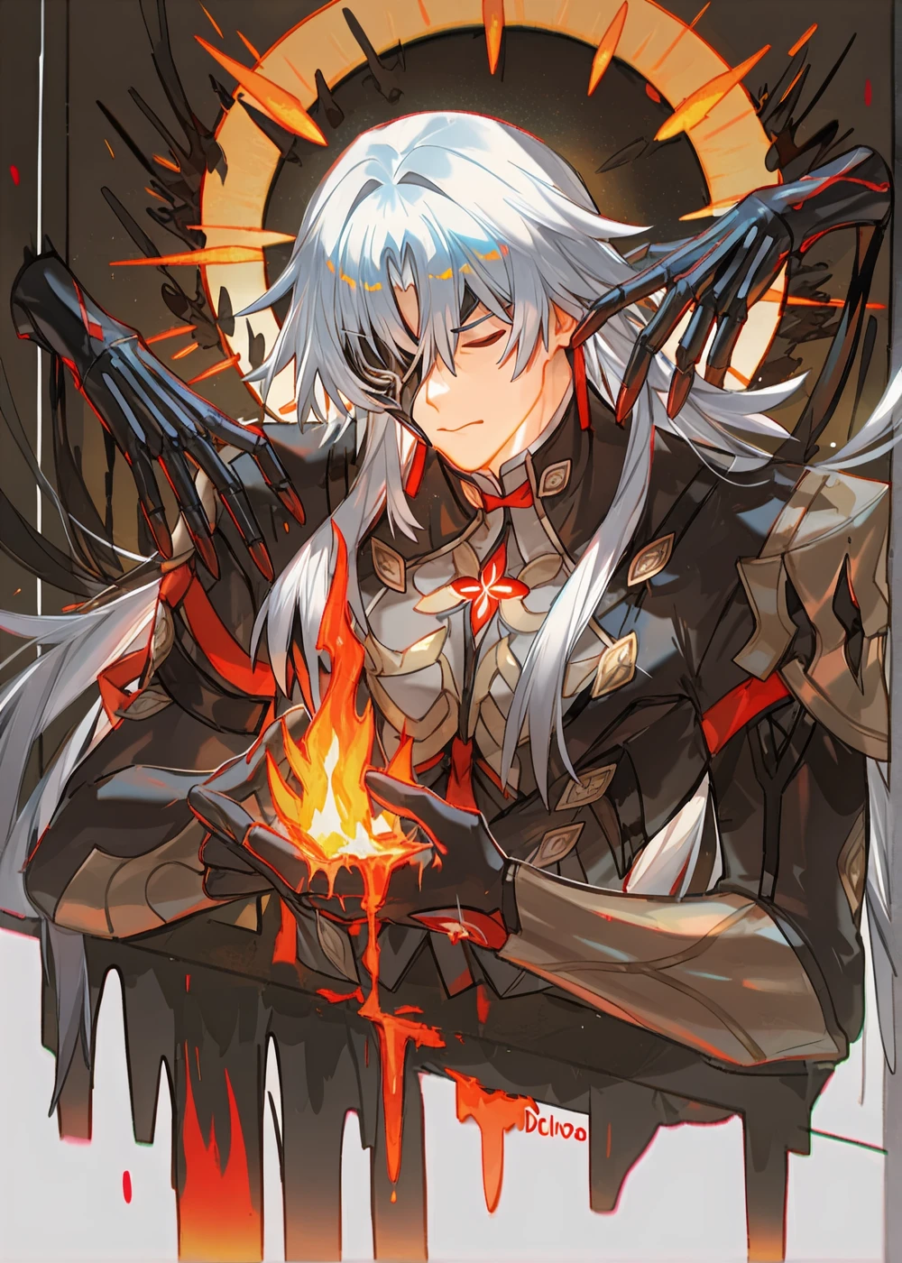 1boy, solo, male focus, white hair, closed eyes, one eye closed, skeletal hand, darkness, eerie, sun ray,wall, armor, decay, fire, forked hair, long hair, one eye covered, blade /(honkai:star rail/), (dichlorvos:1.6), (atdan:1.3), (quasarcake:0.6),solo