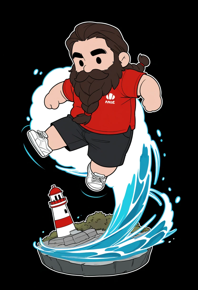 lazypos, 1boy, (chibi only:1.65), flat color, lighthouse, male focus, full body,  spinning, motion blur, simple background, lighthouse, black background,
BREAK stoickthevast, mature male, brown hair, long hair, thick eyebrows, beard, long beard, braided beard, thick mustache, plump,
BREAK red shirt, black shorts, white footwear, short sleeves, 
<lora:Stoick_the_Vast_from_How_to_Train_Your_Dragon_(2025)_v0.1_2075205:1>