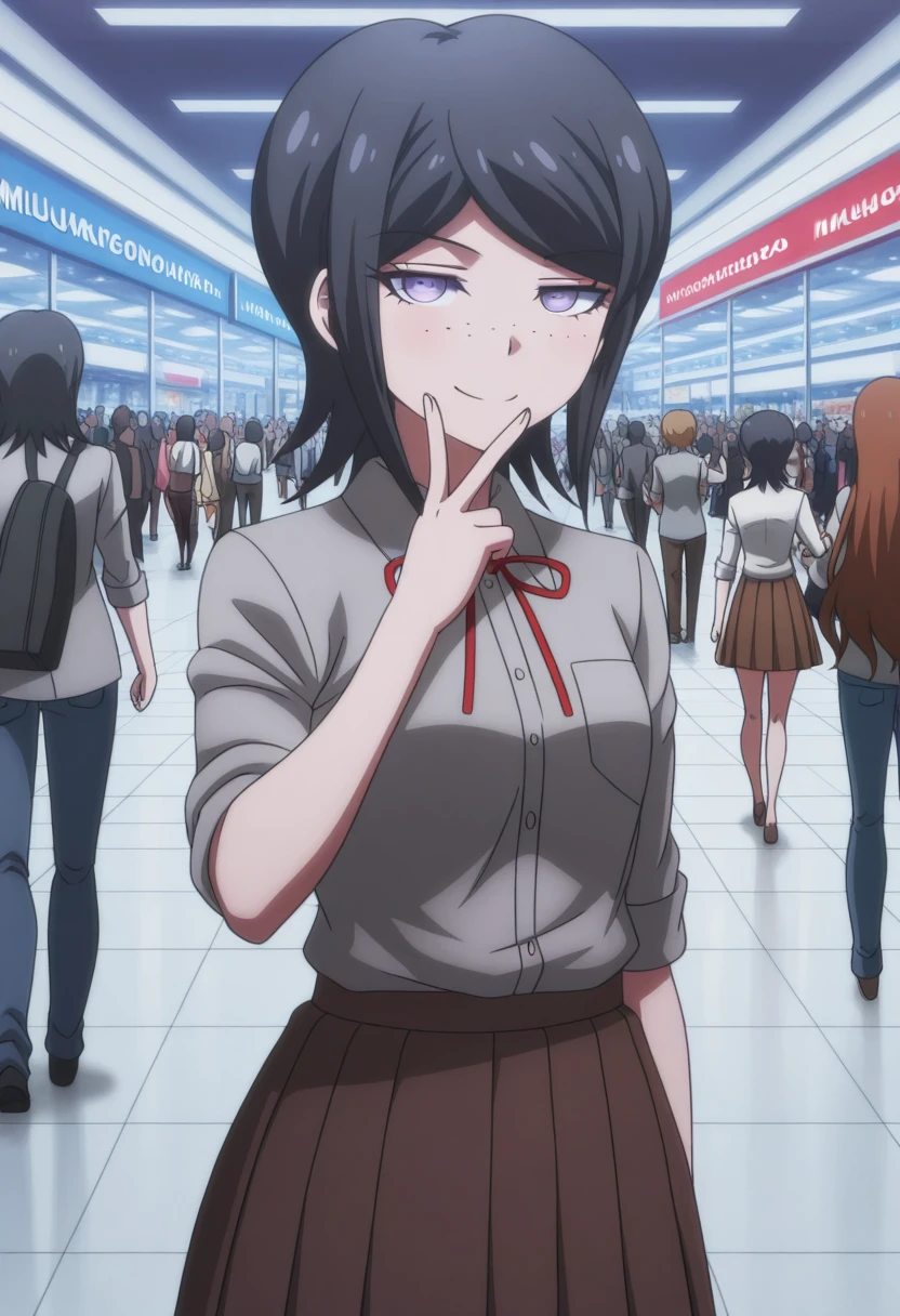 masterpiece, best quality, amazing quality,, <lora:mukuro-ikusaba-s2-illustriousxl-lora-nochekaiser:1>, mukuro ikusaba, short hair, bangs, black hair, freckles, purple eyes, mature female, small breasts, anime screencap, skirt, shirt, ribbon, white shirt, pleated skirt, collared shirt, red ribbon, neck ribbon, grey shirt, sleeves rolled up, brown skirt,, v, v over mouth, smug,, mall, shops, people, shopping, big, cowboy shot, solo, looking at viewer,