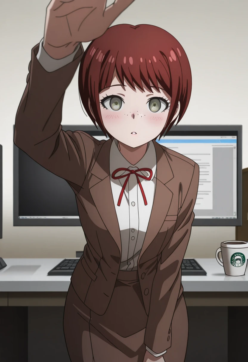 masterpiece, best quality, amazing quality,, <lora:mahiru-koizumi-s2-illustriousxl-lora-nochekaiser:1>, mahiru koizumi, short hair, bangs, green eyes, red hair, freckles, mature female, small breasts, anime screencap, shirt, long sleeves, ribbon, jacket, white shirt, red ribbon, neck ribbon, brown jacket, skirt, brown skirt,, <lora:incoming-headpat-illustriousxl-lora-nochekaiser:1>, incoming headpat, headpat, pov, outstretched arm, reaching, reaching towards viewer, looking at viewer, parted lips, blush, home office, working from home, computer screen, coffee cup, focus, deadline, cowboy shot, solo, looking at viewer,