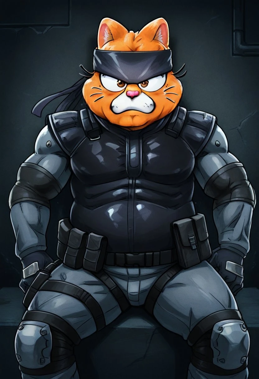 masterpiece, detailed art style, realistic art style,1boy, no humans, garfield, orange fur, brown eyes, cat ears, whiskers,fat, gray bandana, dark grey tactical sneaking suit, black tactical vest,shoulder pads, black tactical gloves , muscular, elbow pads, high holster,modular harness , kneepads, gun, black combat boots,  sitting, behind a wall, holding a gun, soldier, tactical
