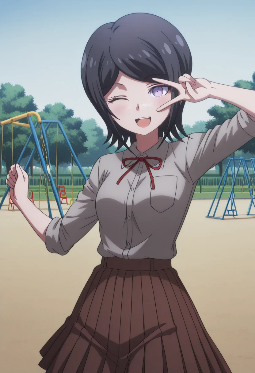 masterpiece, best quality, amazing quality,, <lora:mukuro-ikusaba-s2-illustriousxl-lora-nochekaiser:1>, mukuro ikusaba, short hair, bangs, black hair, freckles, purple eyes, mature female, small breasts, anime screencap, skirt, shirt, ribbon, white shirt, pleated skirt, collared shirt, red ribbon, neck ribbon, grey shirt, sleeves rolled up, brown skirt,, <lora:curemelody-pose-illustriousxl-lora-nochekaiser:1>, curemelody pose, solo, smile, open mouth, one eye closed, v, ;d, v over eye, hands up,, public park, playground, swing set, laughter, sunny day, cowboy shot, solo, looking at viewer,